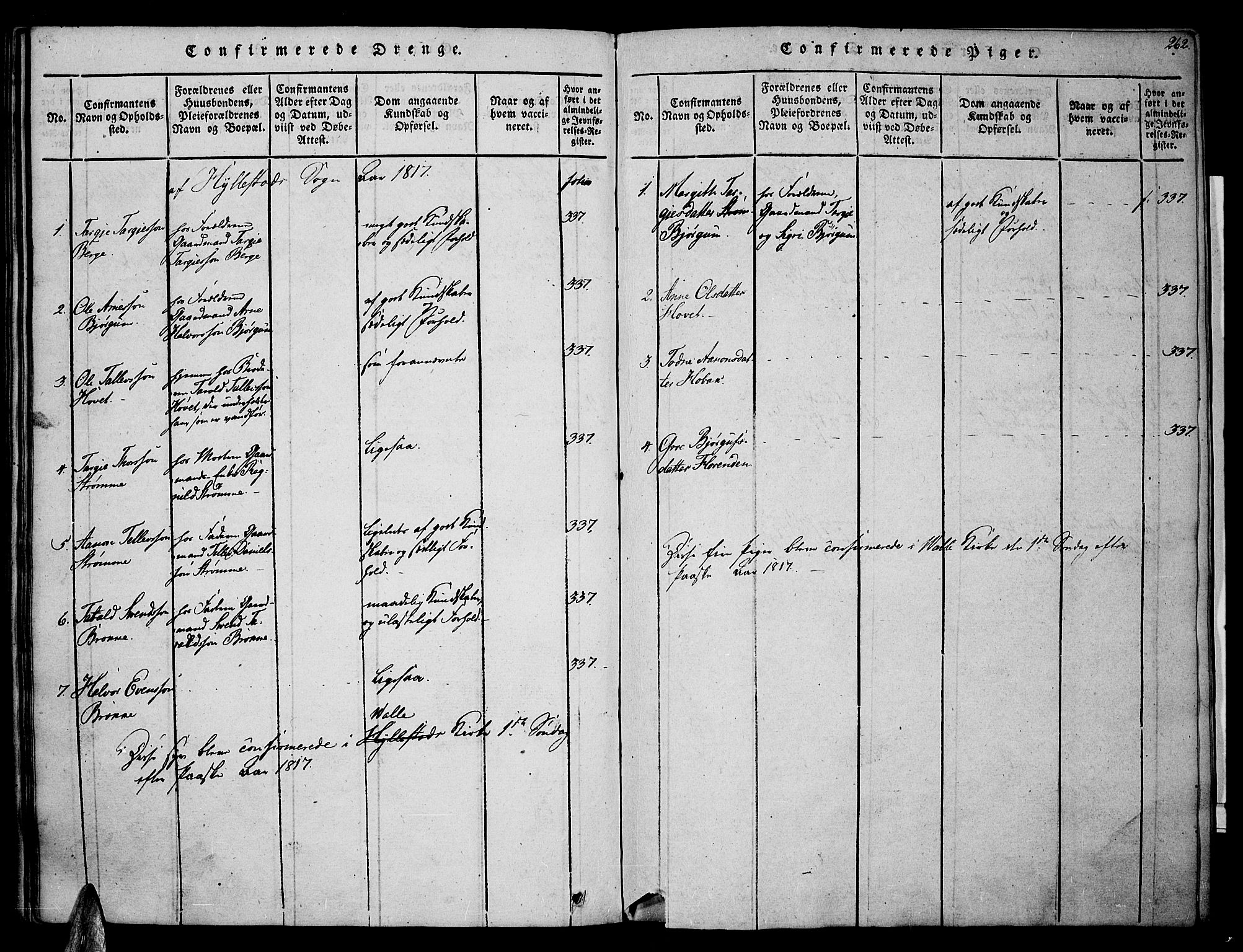 Valle sokneprestkontor, SAK/1111-0044/F/Fa/Fac/L0005: Parish register (official) no. A 5 /2, 1817-1831, p. 262