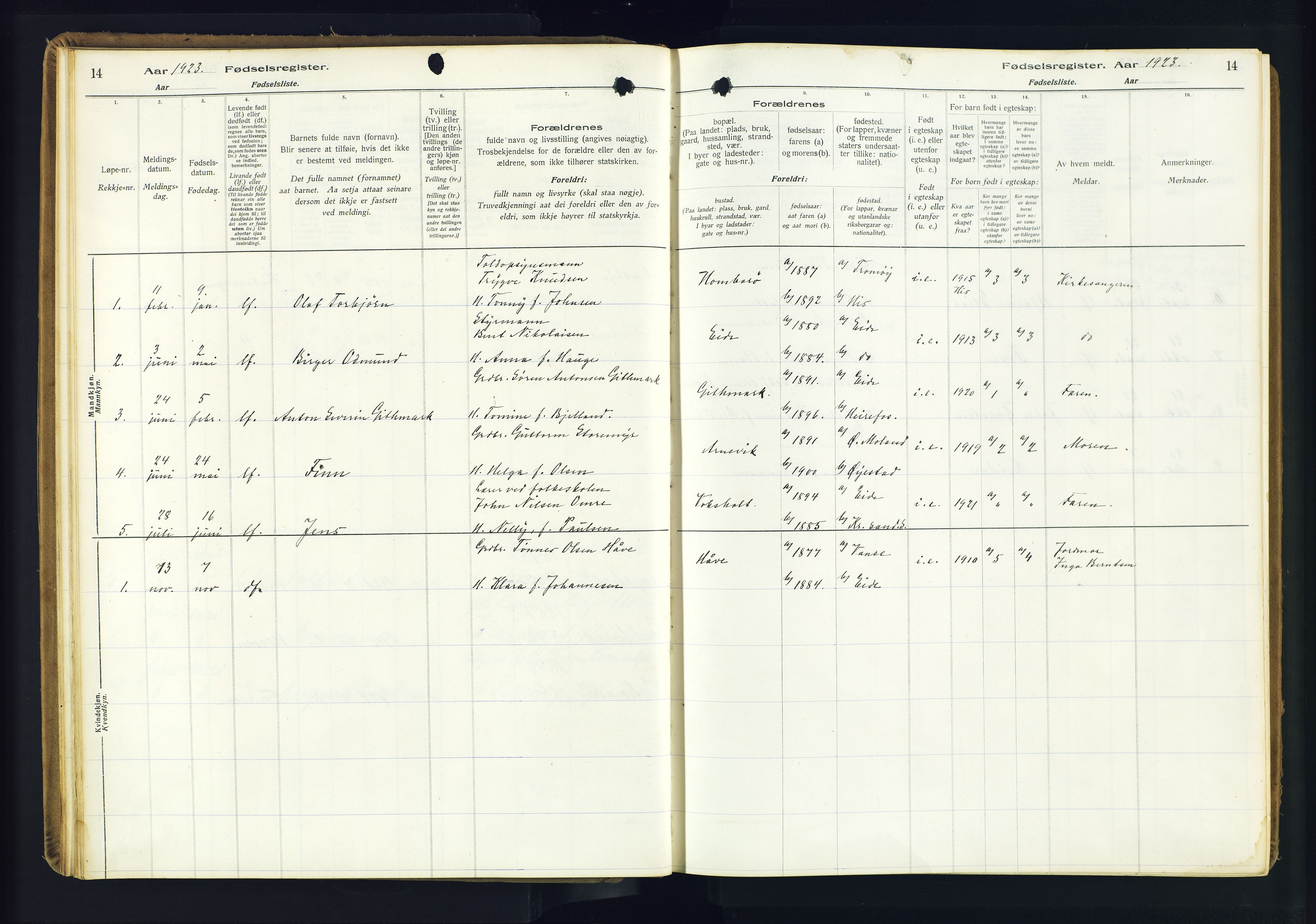 Hommedal sokneprestkontor, AV/SAK-1111-0023/J/Jd/L0003: Birth register no. 3, 1916-1982, p. 14