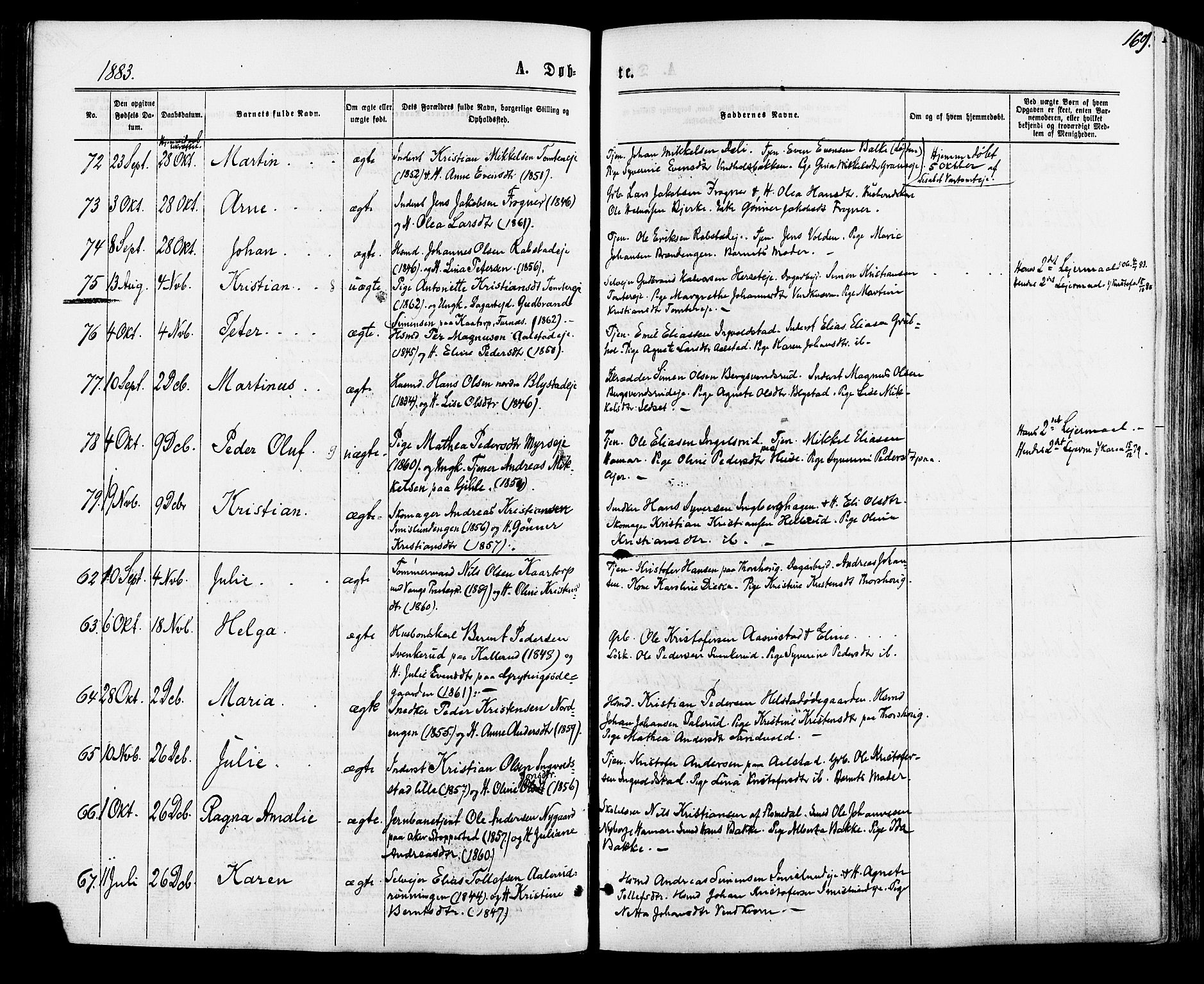 Vang prestekontor, Hedmark, AV/SAH-PREST-008/H/Ha/Haa/L0015: Parish register (official) no. 15, 1871-1885, p. 169