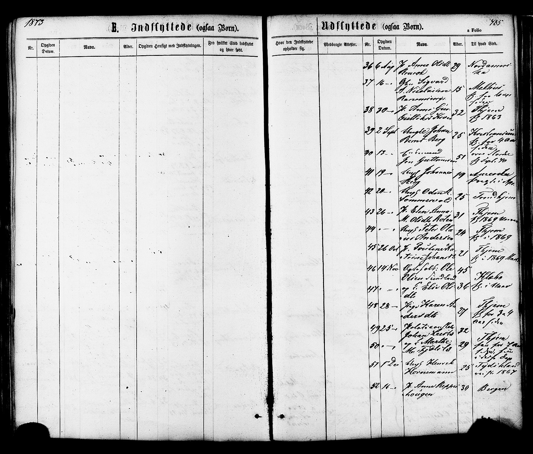 Ministerialprotokoller, klokkerbøker og fødselsregistre - Sør-Trøndelag, AV/SAT-A-1456/606/L0293: Parish register (official) no. 606A08, 1866-1877, p. 485