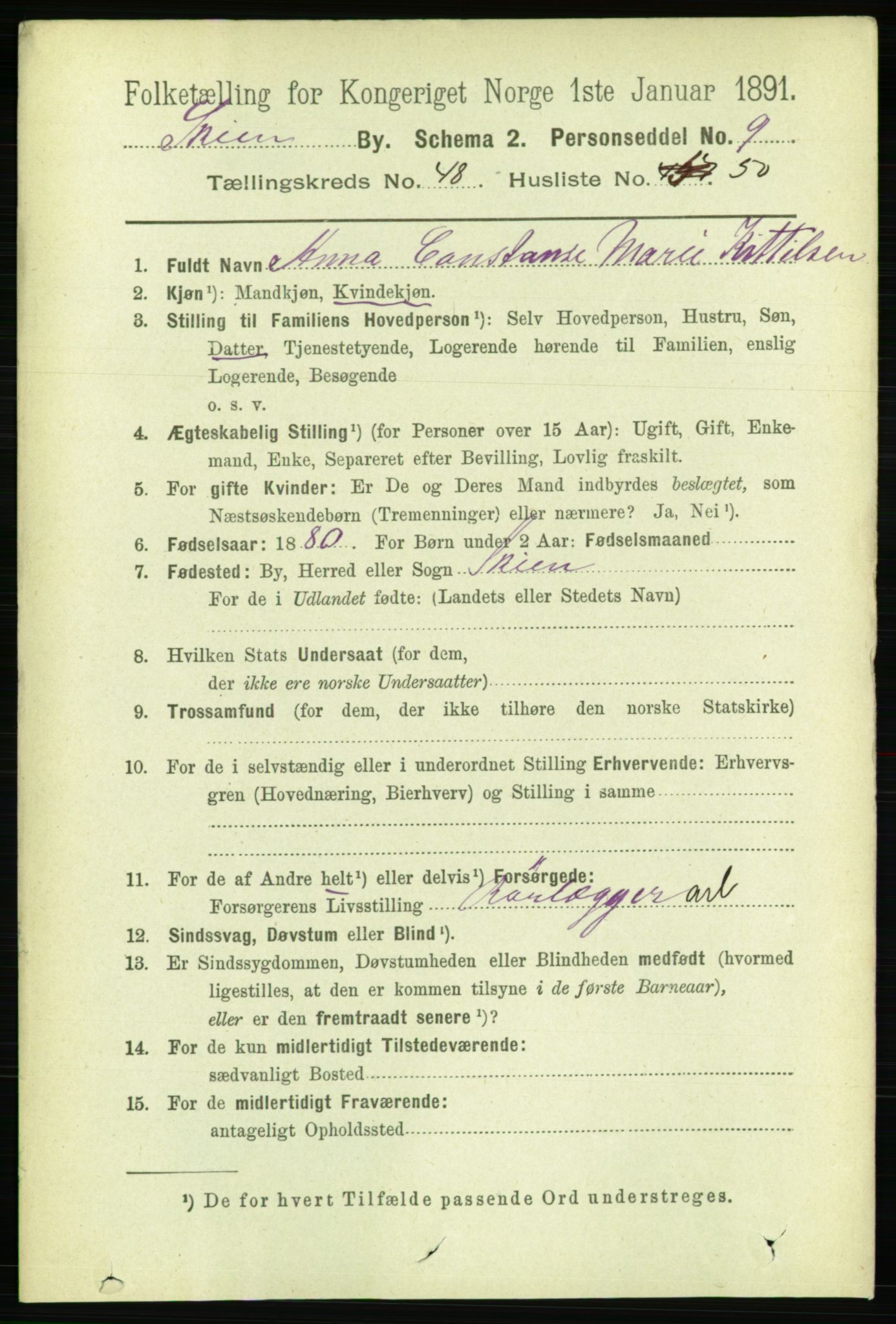 RA, 1891 census for 0806 Skien, 1891, p. 10286