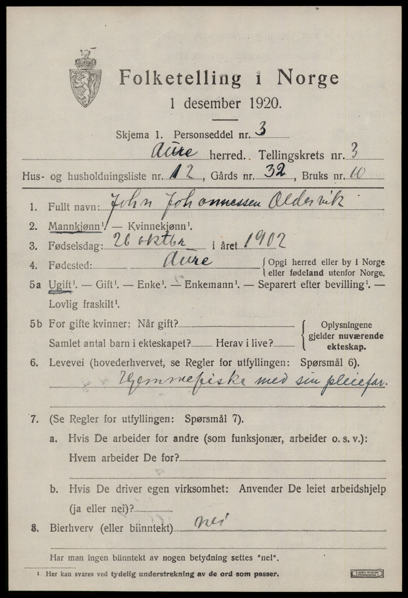 SAT, 1920 census for Aure, 1920, p. 1814