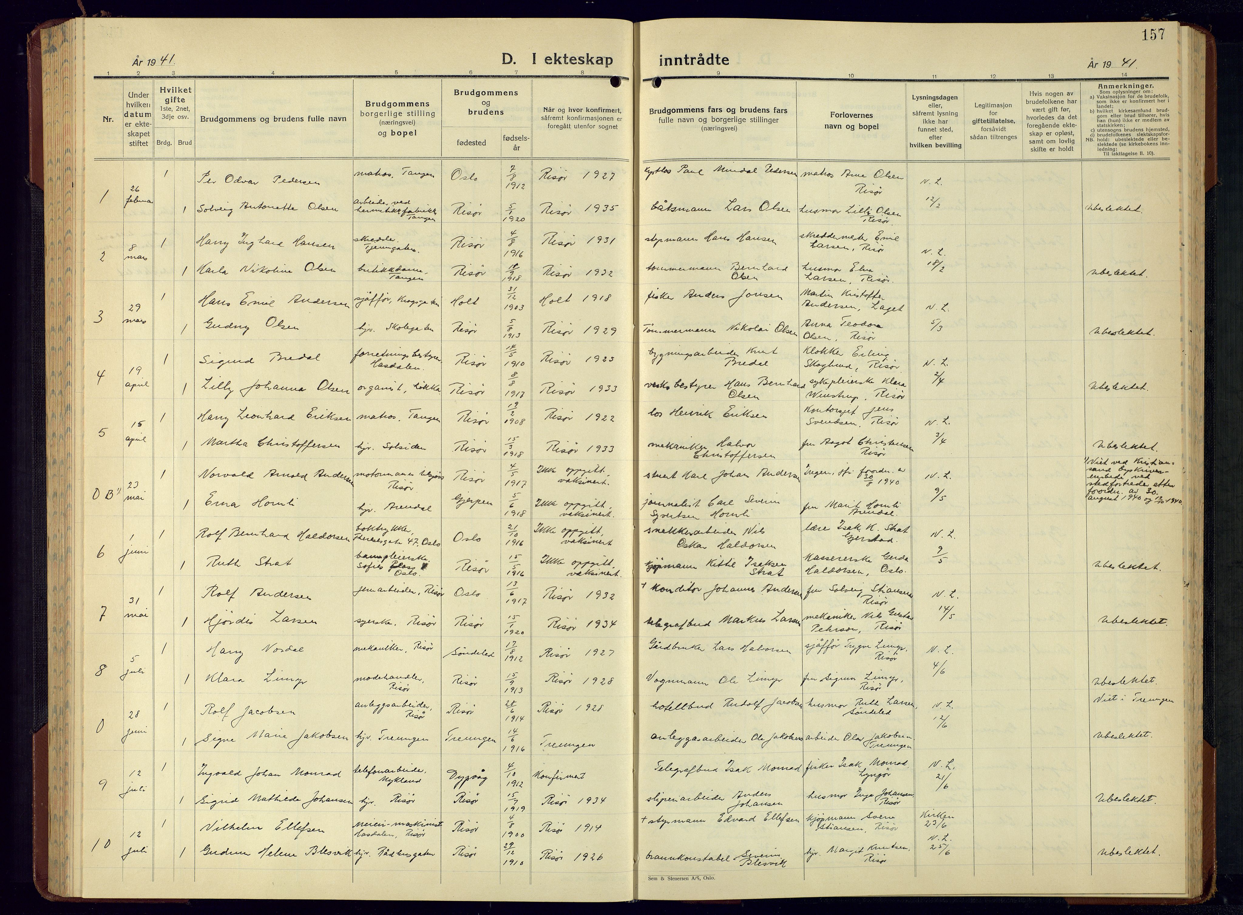 Risør sokneprestkontor, AV/SAK-1111-0035/F/Fb/L0010: Parish register (copy) no. B 10, 1940-1956, p. 157