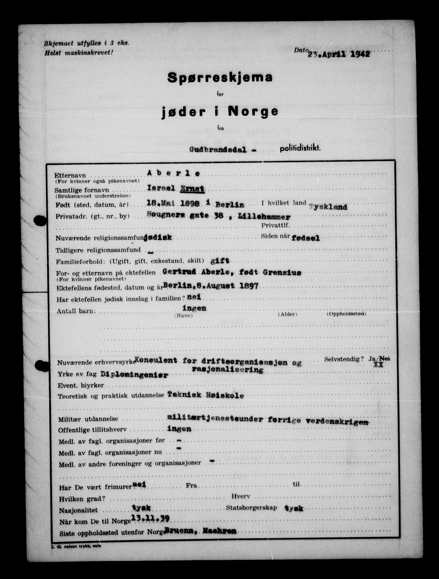 Statspolitiet - Hovedkontoret / Osloavdelingen, AV/RA-S-1329/G/Ga/L0012: Spørreskjema for jøder i Norge. 1: Aker 114- 207 (Levinson-Wozak) og 656 (Salomon). 2: Arendal-Hordaland. 3: Horten-Romerike.  , 1942, p. 494