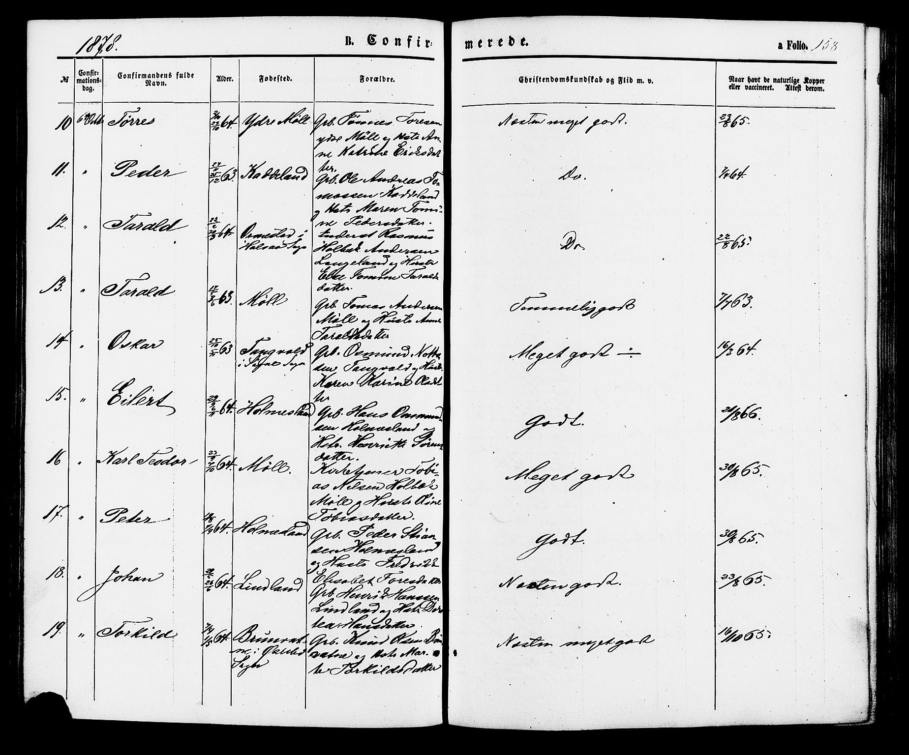 Holum sokneprestkontor, AV/SAK-1111-0022/F/Fa/Faa/L0006: Parish register (official) no. A 6, 1865-1883, p. 158