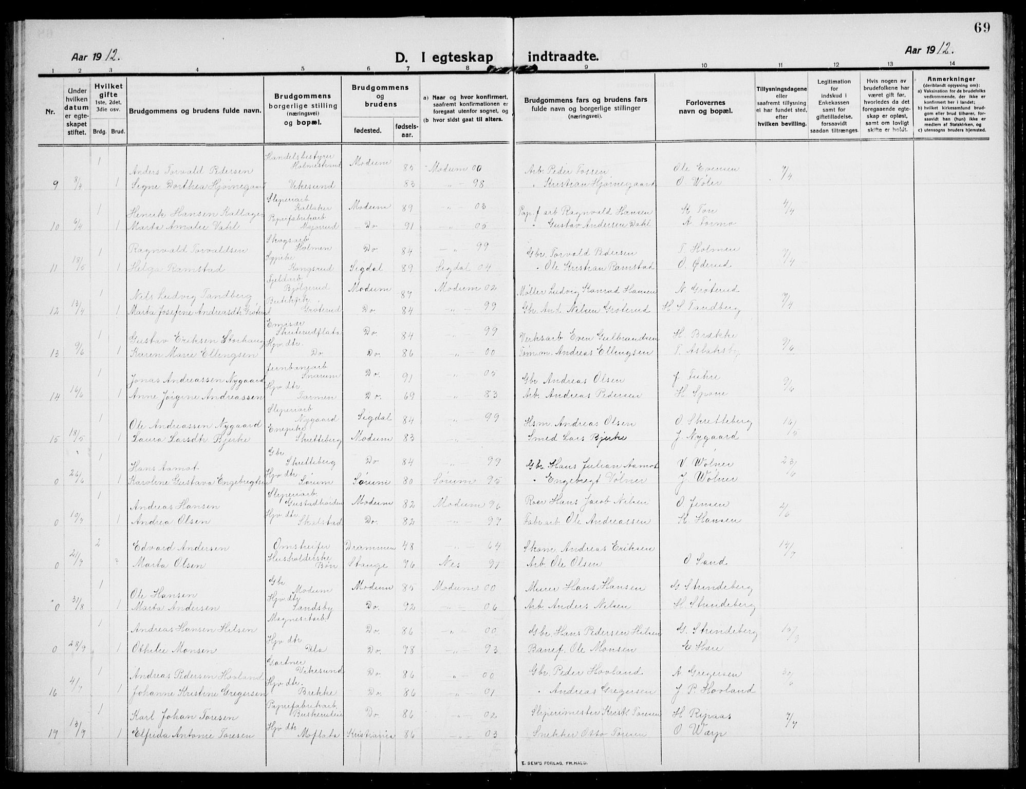 Modum kirkebøker, AV/SAKO-A-234/G/Ga/L0010: Parish register (copy) no. I 10, 1909-1923, p. 69