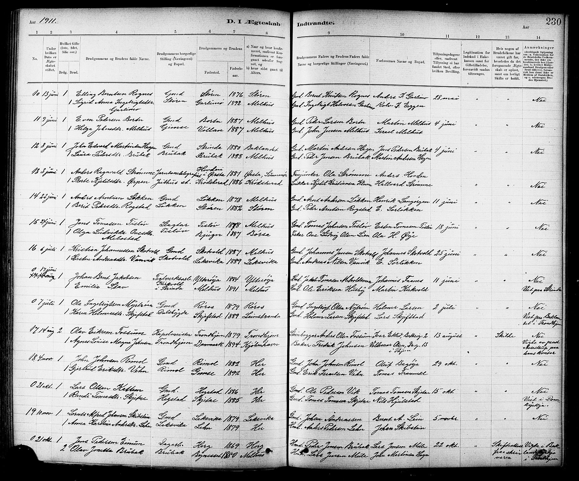 Ministerialprotokoller, klokkerbøker og fødselsregistre - Sør-Trøndelag, SAT/A-1456/691/L1094: Parish register (copy) no. 691C05, 1879-1911, p. 230