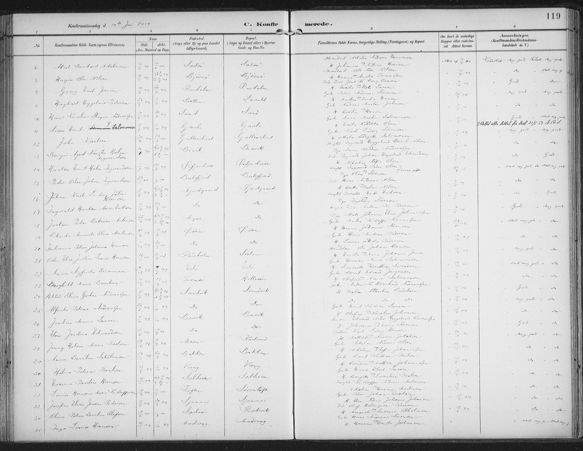 Lenvik sokneprestembete, AV/SATØ-S-1310/H/Ha/Haa/L0015kirke: Parish register (official) no. 15, 1896-1915, p. 119