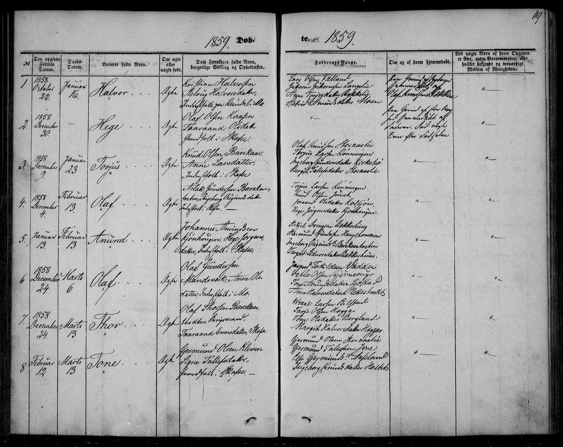 Mo kirkebøker, AV/SAKO-A-286/F/Fa/L0005: Parish register (official) no. I 5, 1844-1864, p. 119