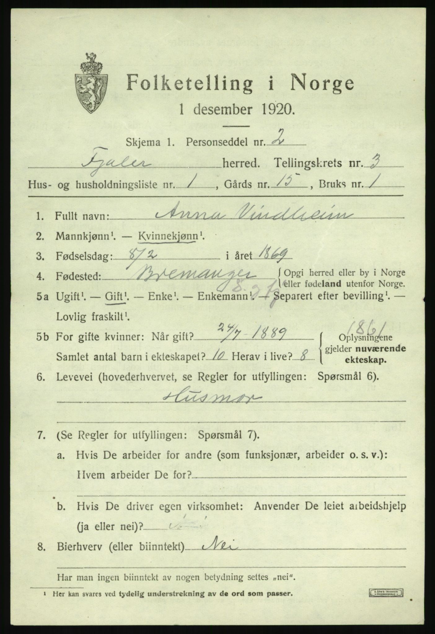 SAB, 1920 census for Fjaler, 1920, p. 2667