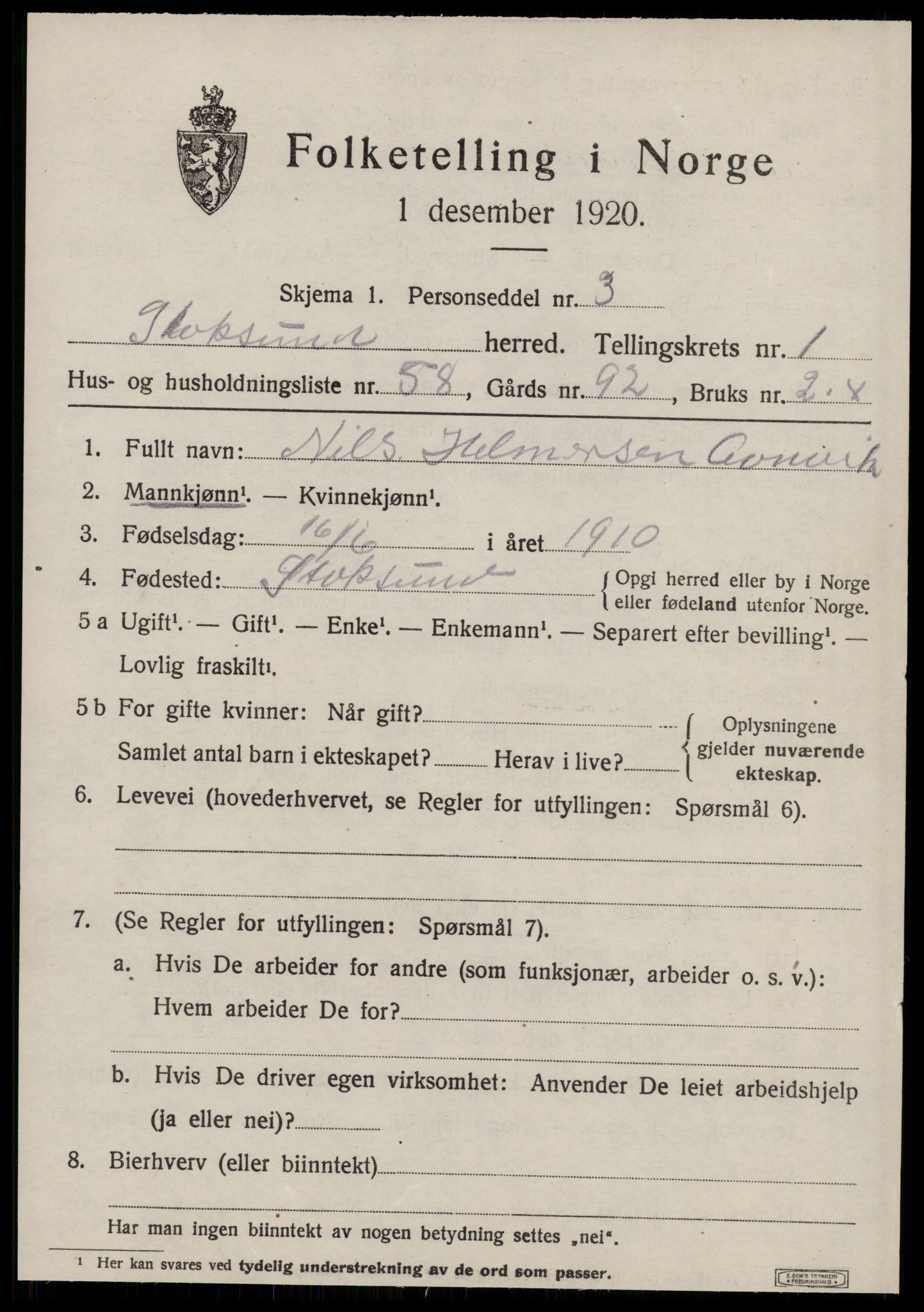 SAT, 1920 census for Stoksund, 1920, p. 1136