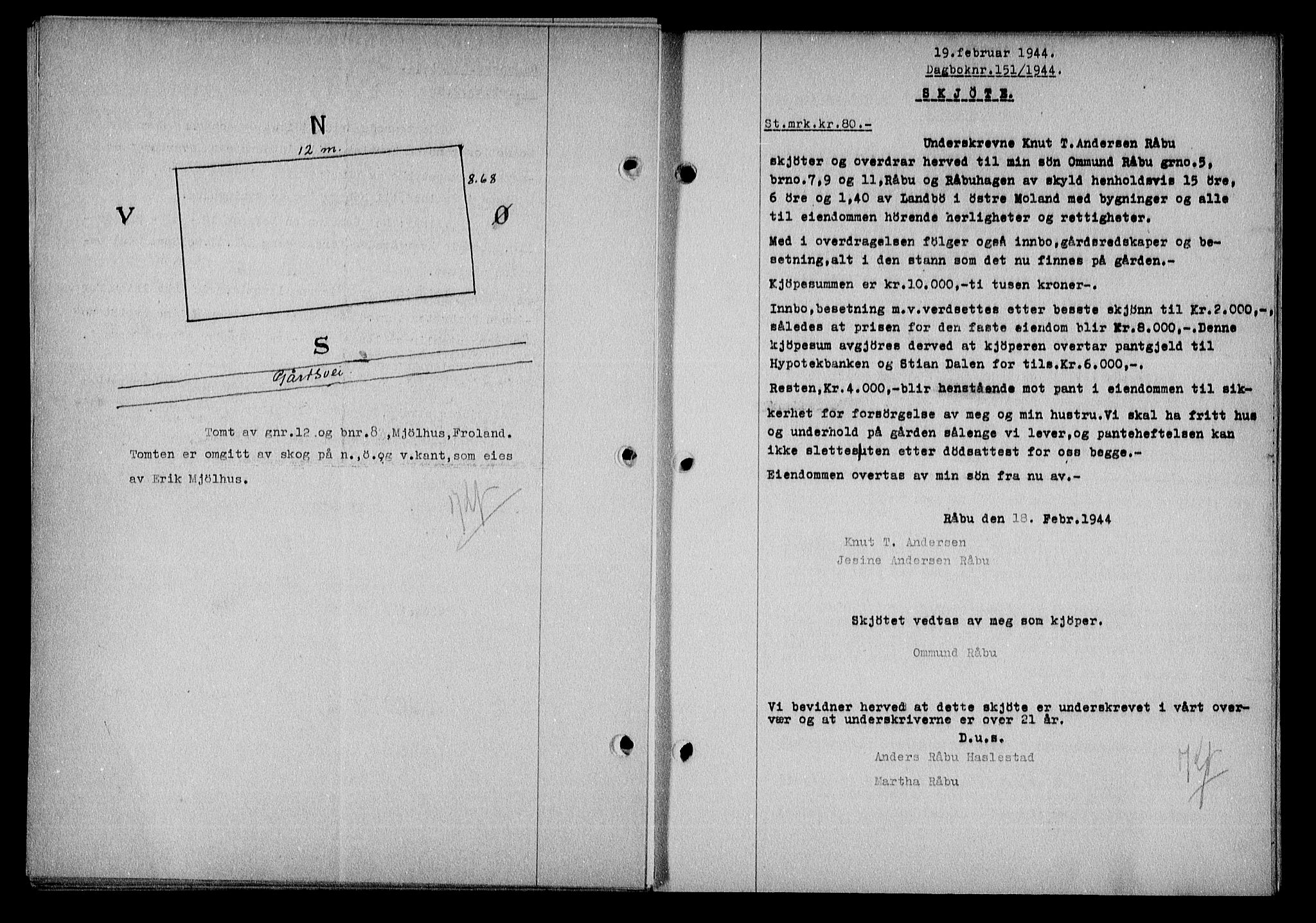 Nedenes sorenskriveri, SAK/1221-0006/G/Gb/Gba/L0051: Mortgage book no. A-V, 1943-1944, Diary no: : 151/1944