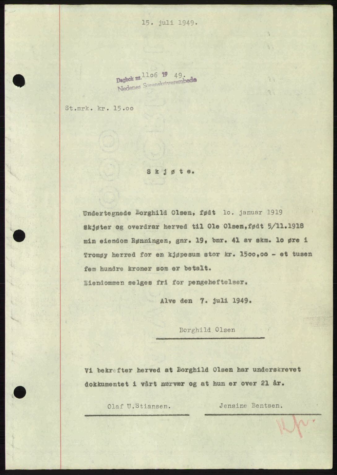 Nedenes sorenskriveri, SAK/1221-0006/G/Gb/Gba/L0061: Mortgage book no. A13, 1949-1949, Diary no: : 1106/1949