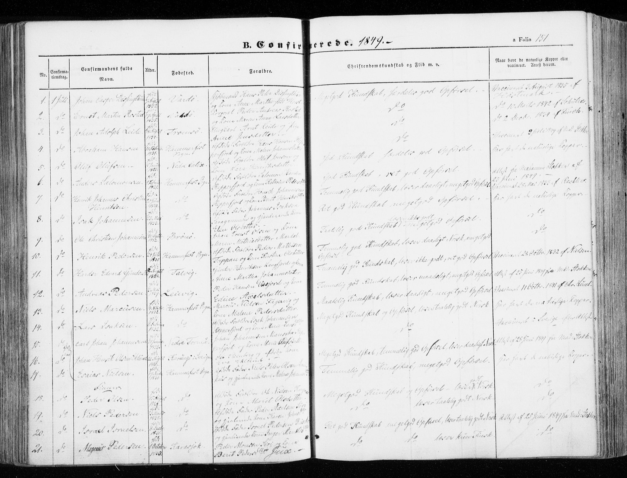 Hammerfest sokneprestkontor, SATØ/S-1347/H/Ha/L0004.kirke: Parish register (official) no. 4, 1843-1856, p. 151