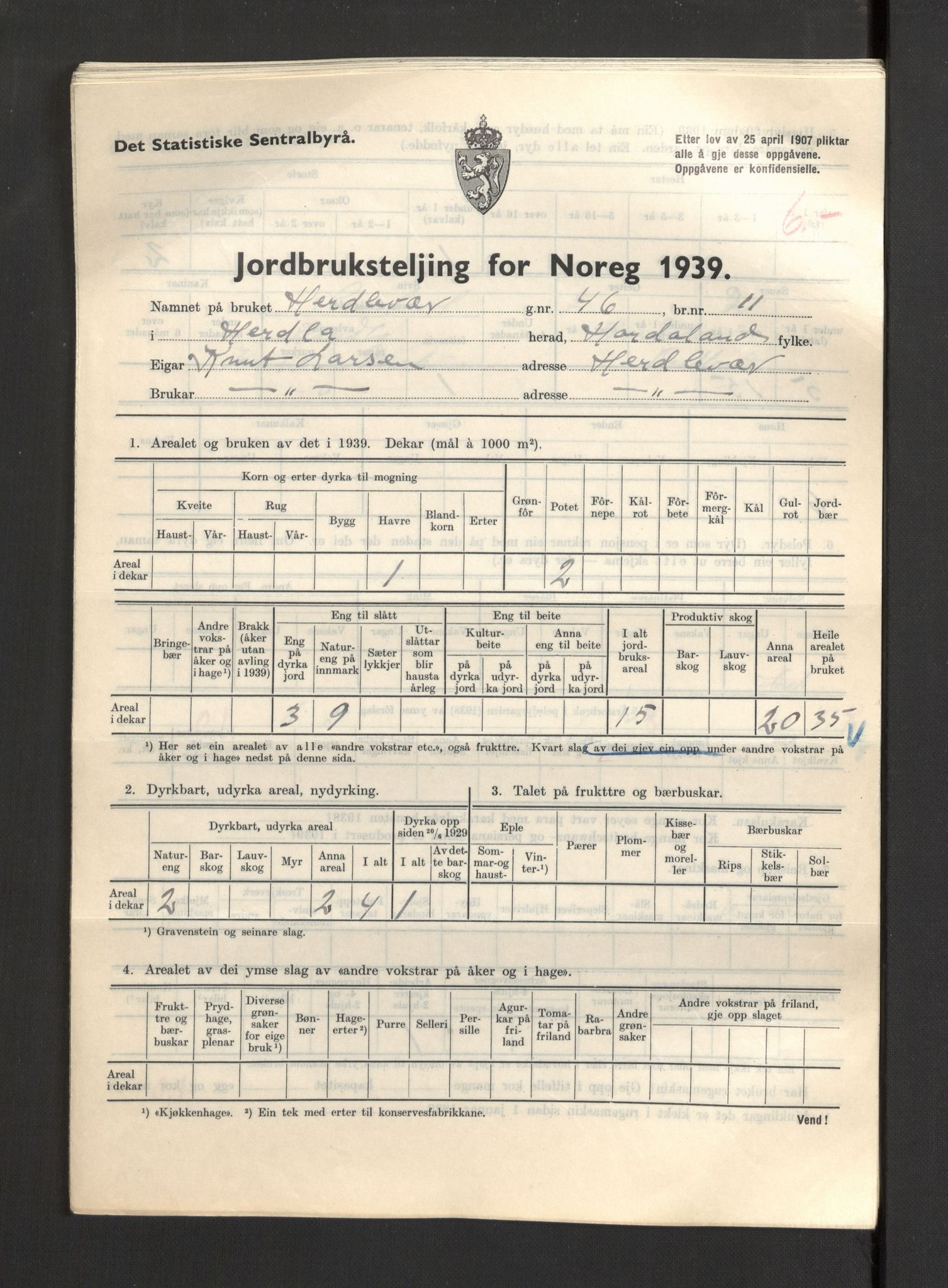 Statistisk sentralbyrå, Næringsøkonomiske emner, Jordbruk, skogbruk, jakt, fiske og fangst, AV/RA-S-2234/G/Gb/L0211: Hordaland: Herdla, Hjelme og Manger, 1939, p. 387