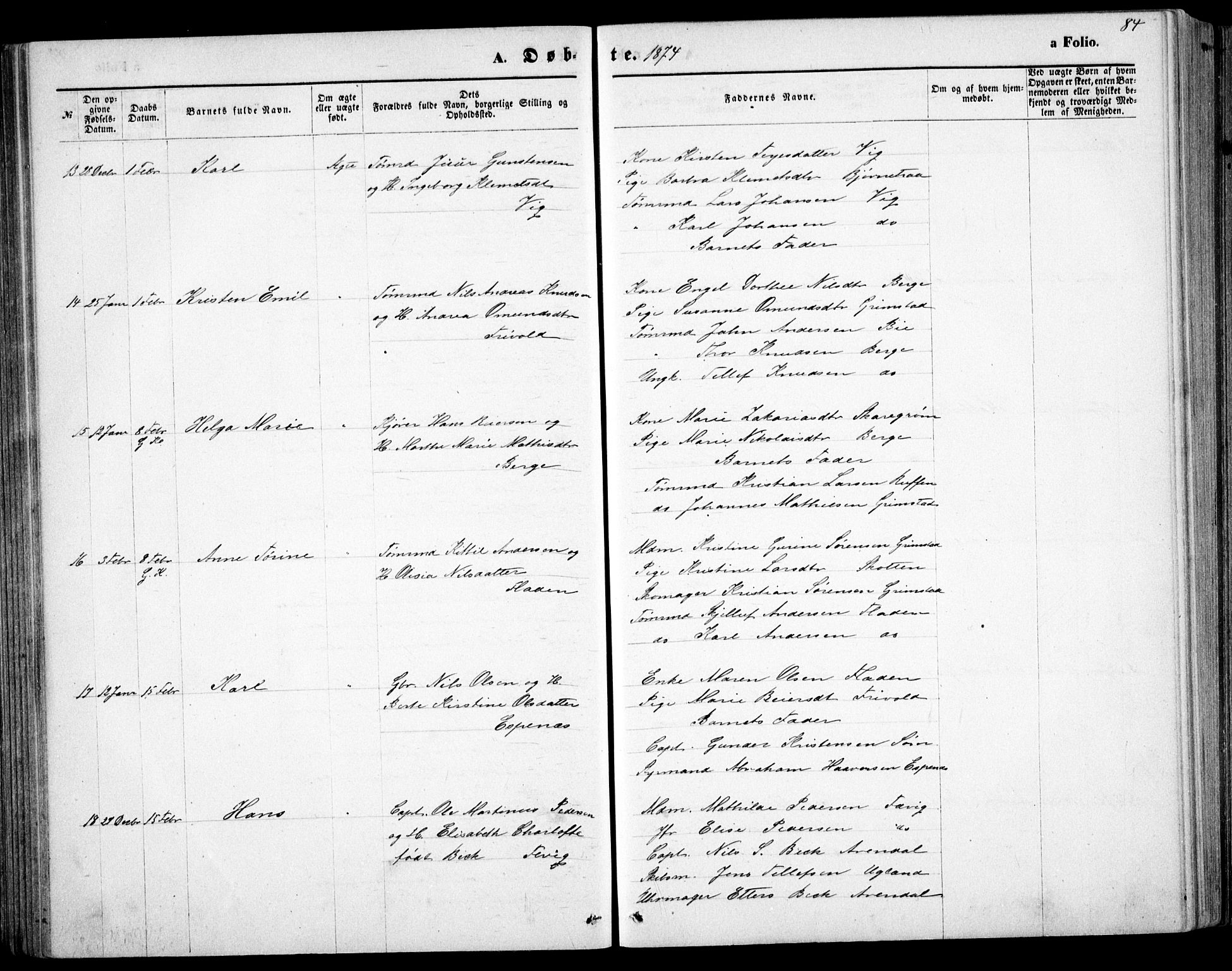 Fjære sokneprestkontor, SAK/1111-0011/F/Fb/L0010: Parish register (copy) no. B 10, 1871-1880, p. 84