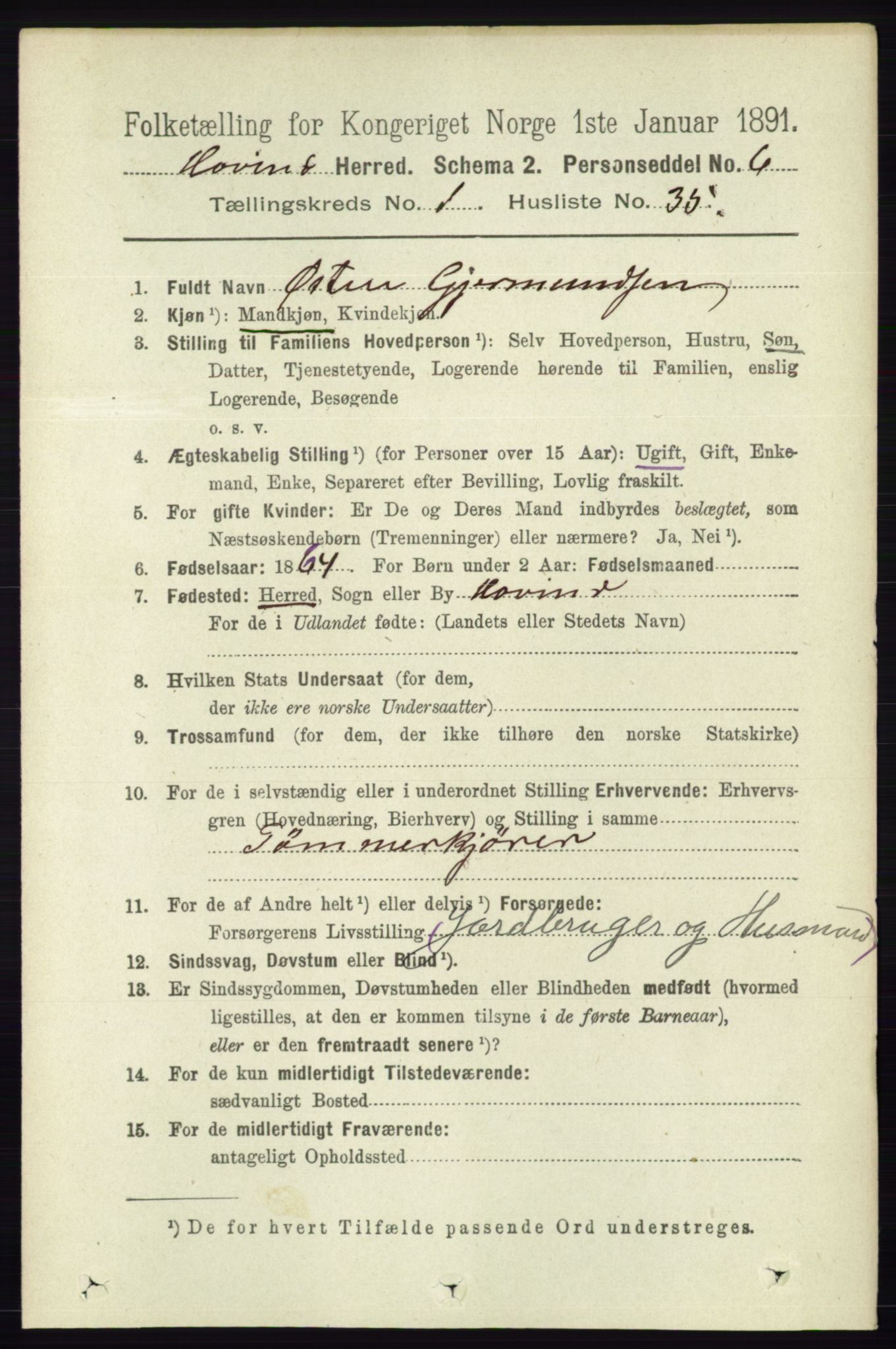 RA, 1891 census for 0825 Hovin, 1891, p. 295