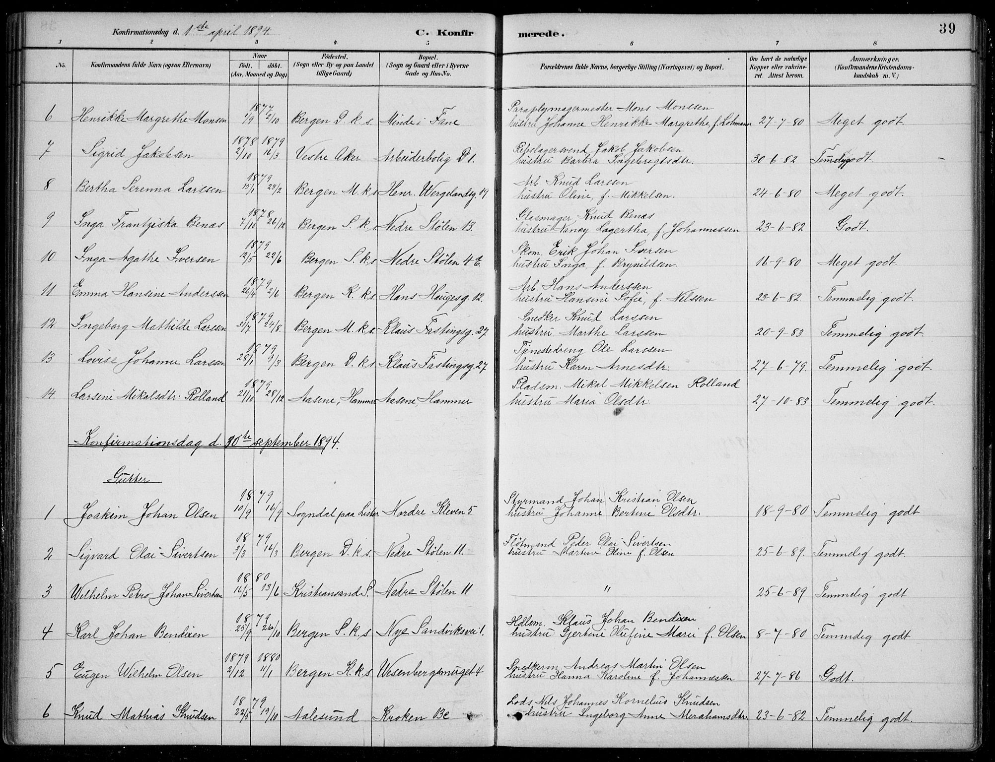 Mariakirken Sokneprestembete, AV/SAB-A-76901/H/Hab/L0008: Parish register (copy) no. A 8, 1889-1908, p. 39