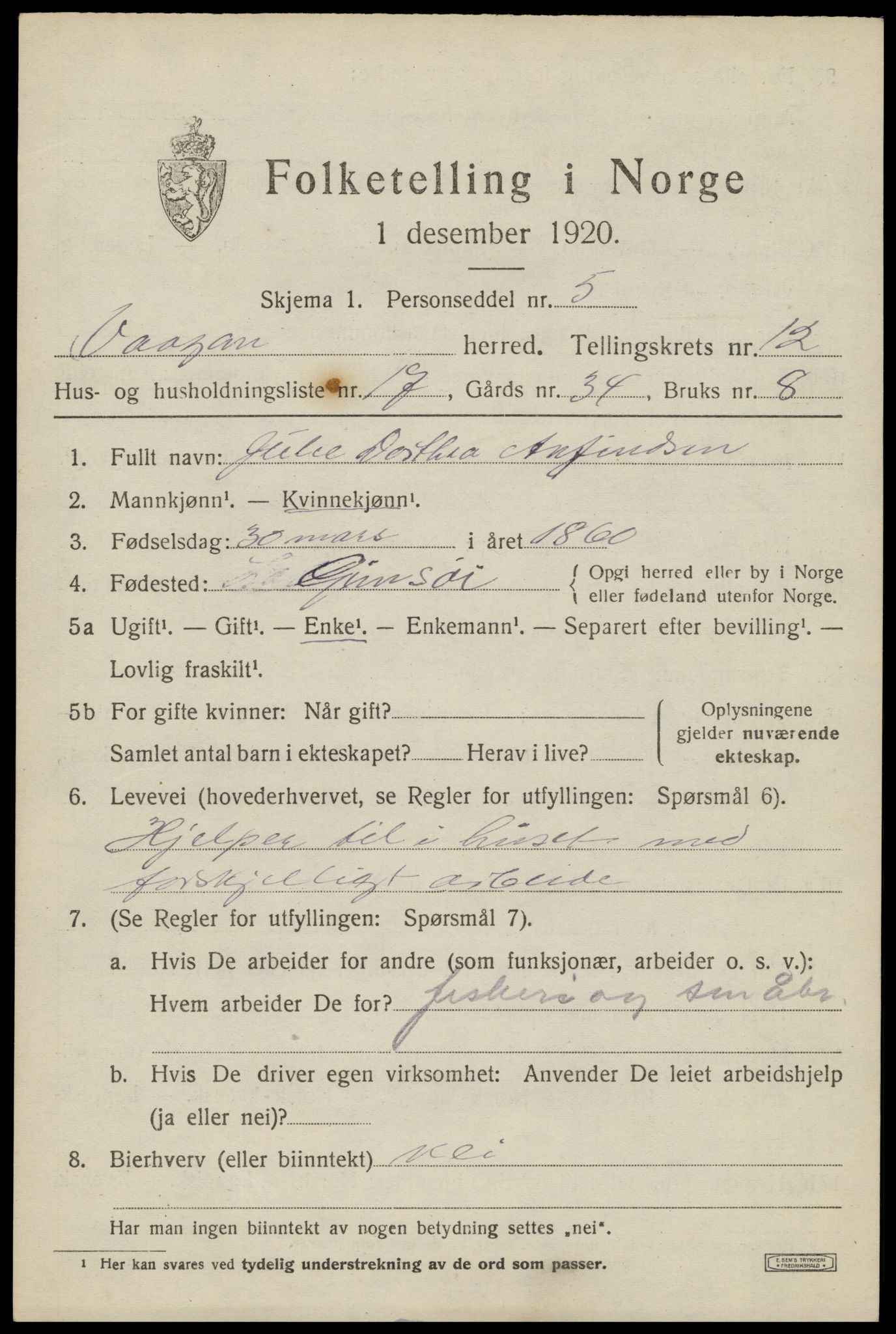 SAT, 1920 census for Vågan, 1920, p. 10189