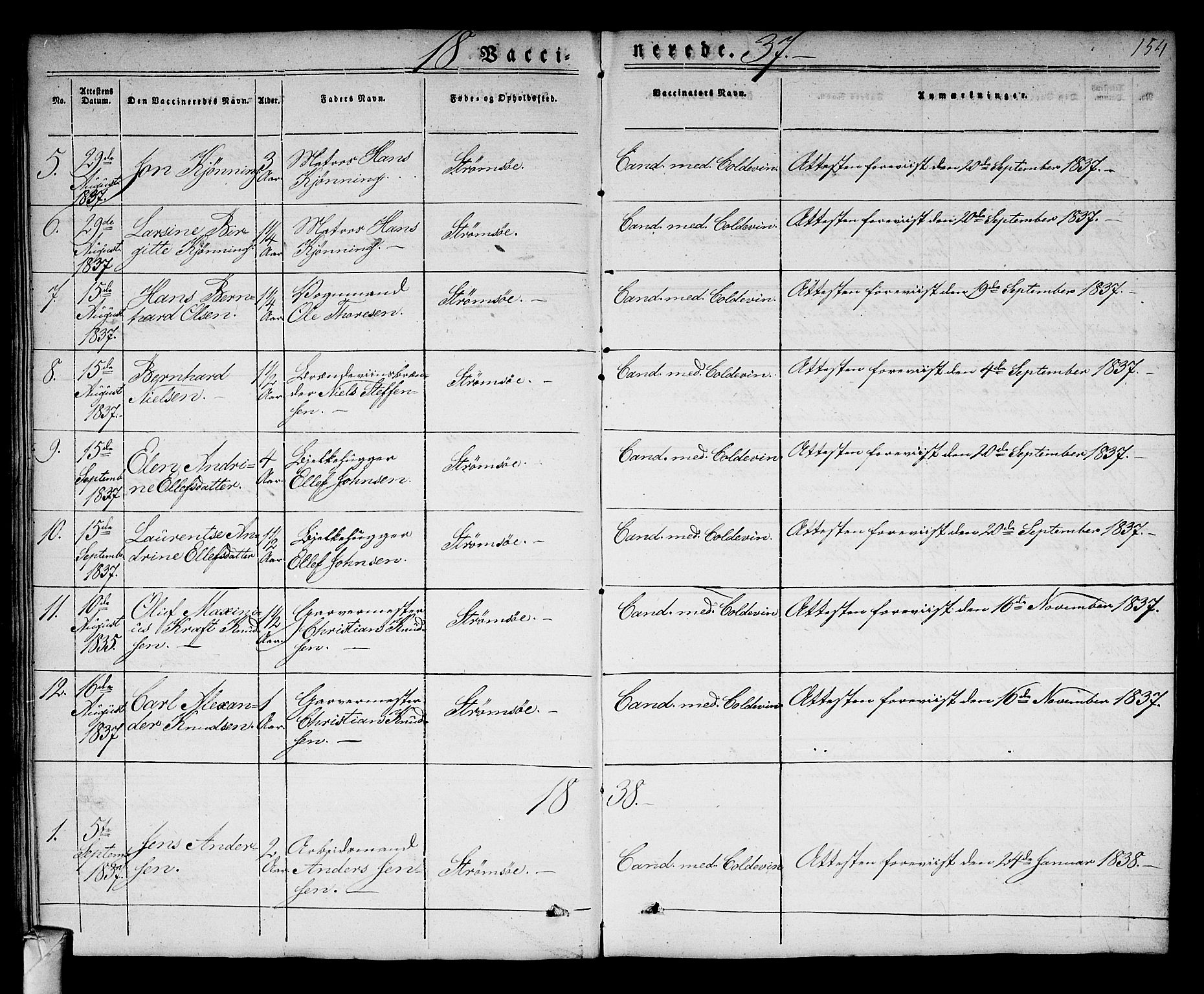 Strømsø kirkebøker, AV/SAKO-A-246/F/Fa/L0013: Parish register (official) no. I 13, 1830-1847, p. 154
