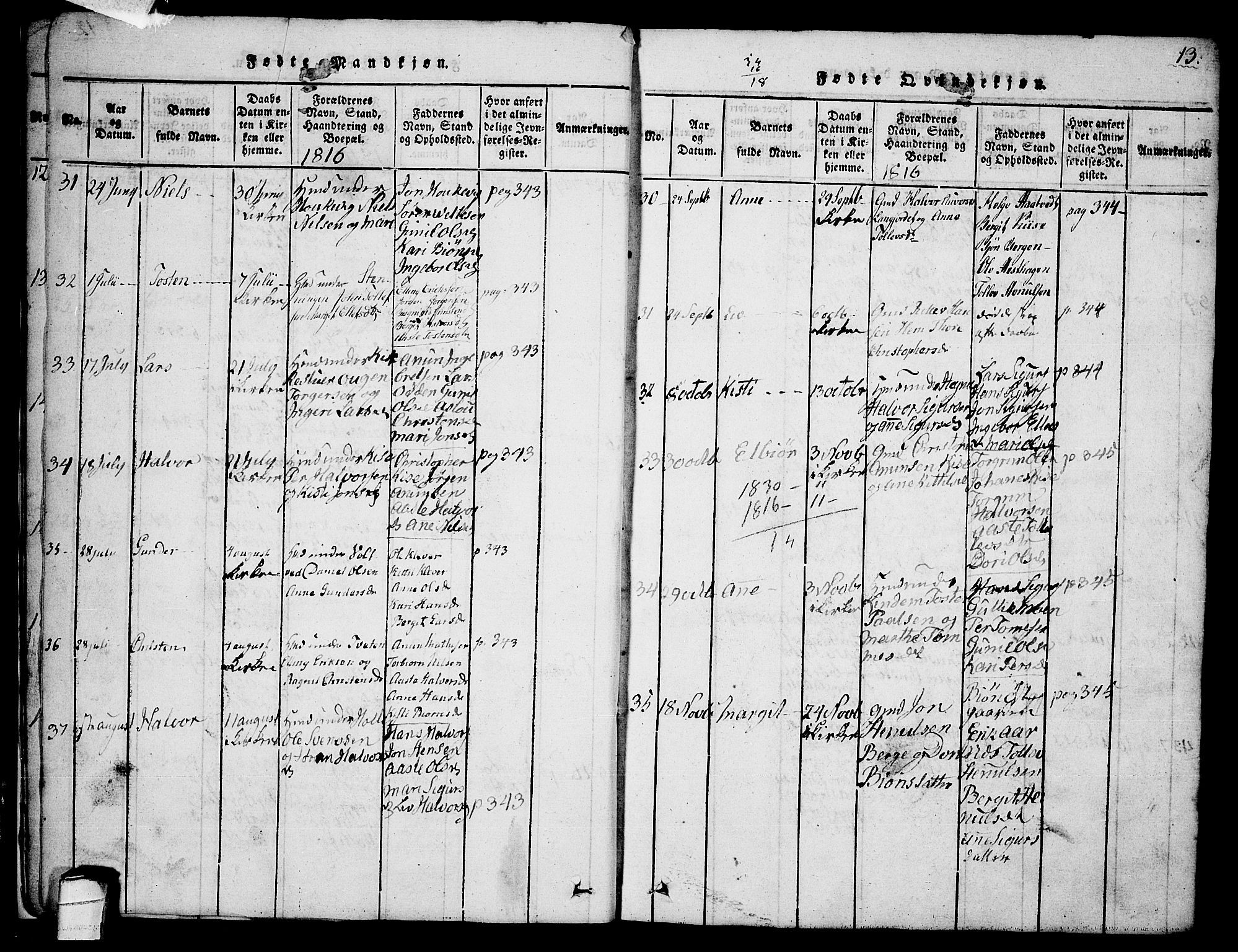 Sauherad kirkebøker, SAKO/A-298/G/Ga/L0001: Parish register (copy) no. I 1, 1815-1827, p. 13