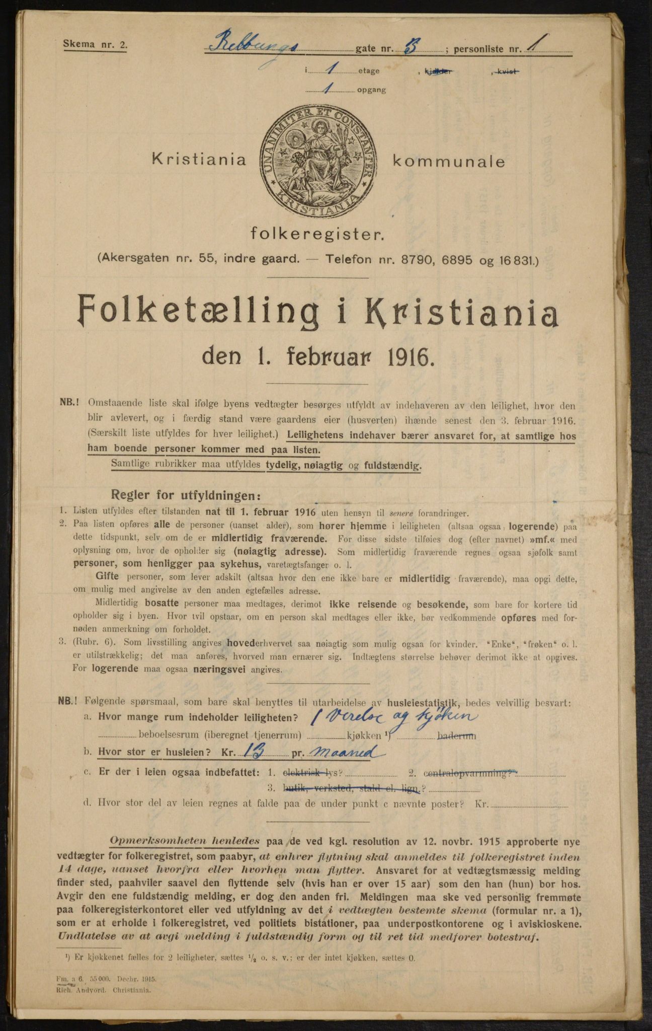 OBA, Municipal Census 1916 for Kristiania, 1916, p. 85094