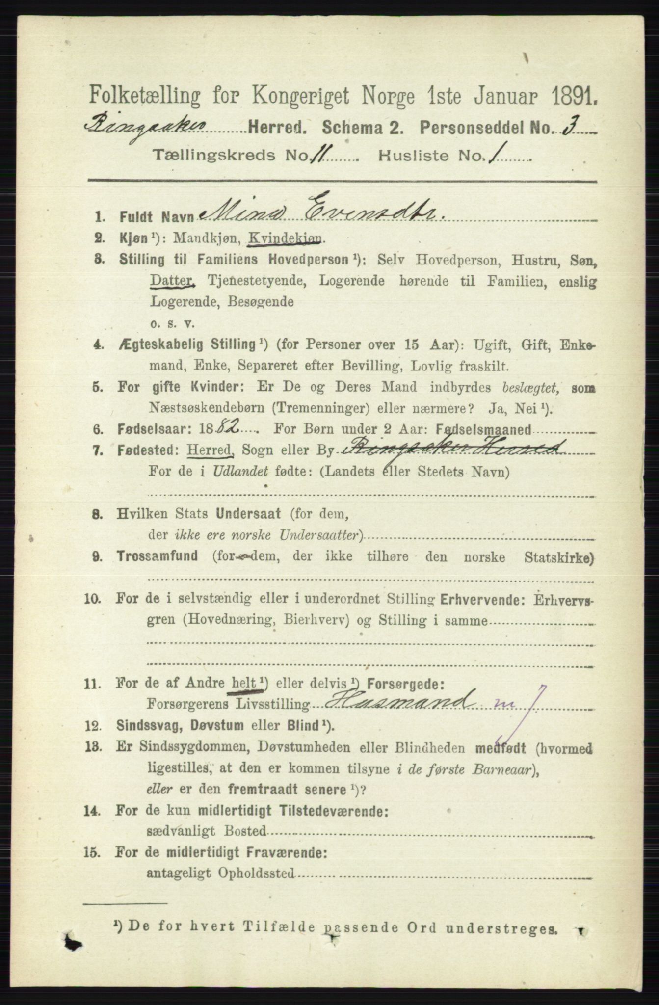 RA, 1891 census for 0412 Ringsaker, 1891, p. 6260