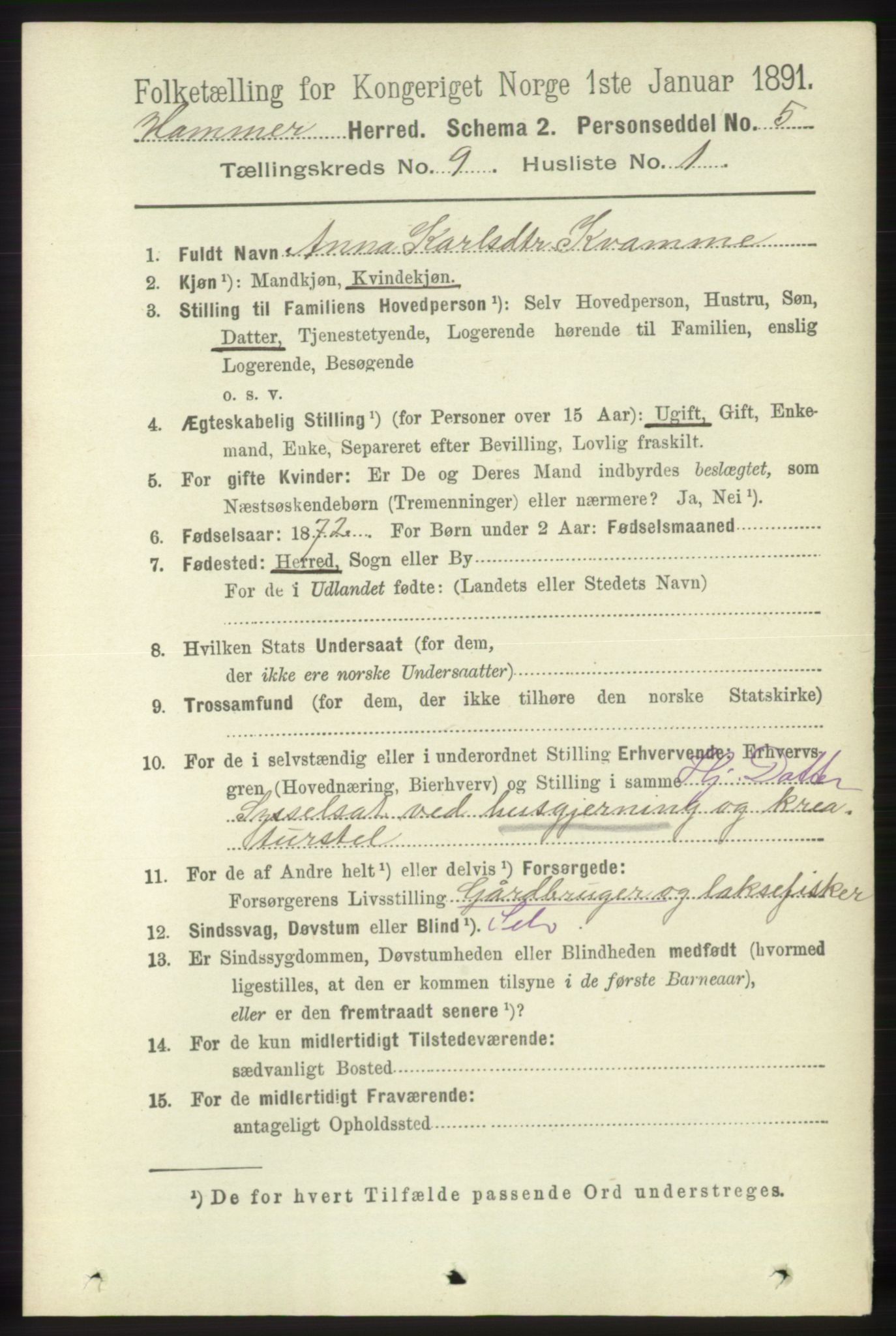 RA, 1891 census for 1254 Hamre, 1891, p. 2298