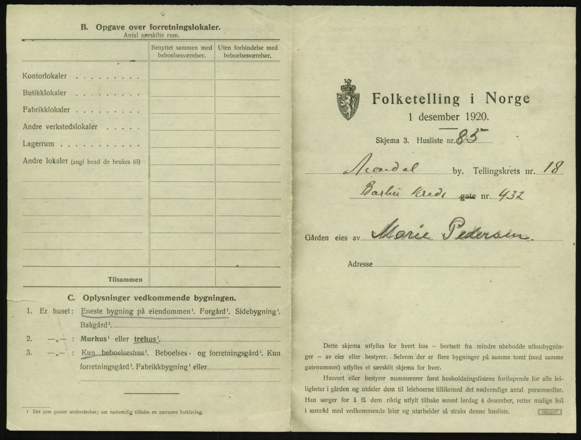 SAK, 1920 census for Arendal, 1920, p. 2910