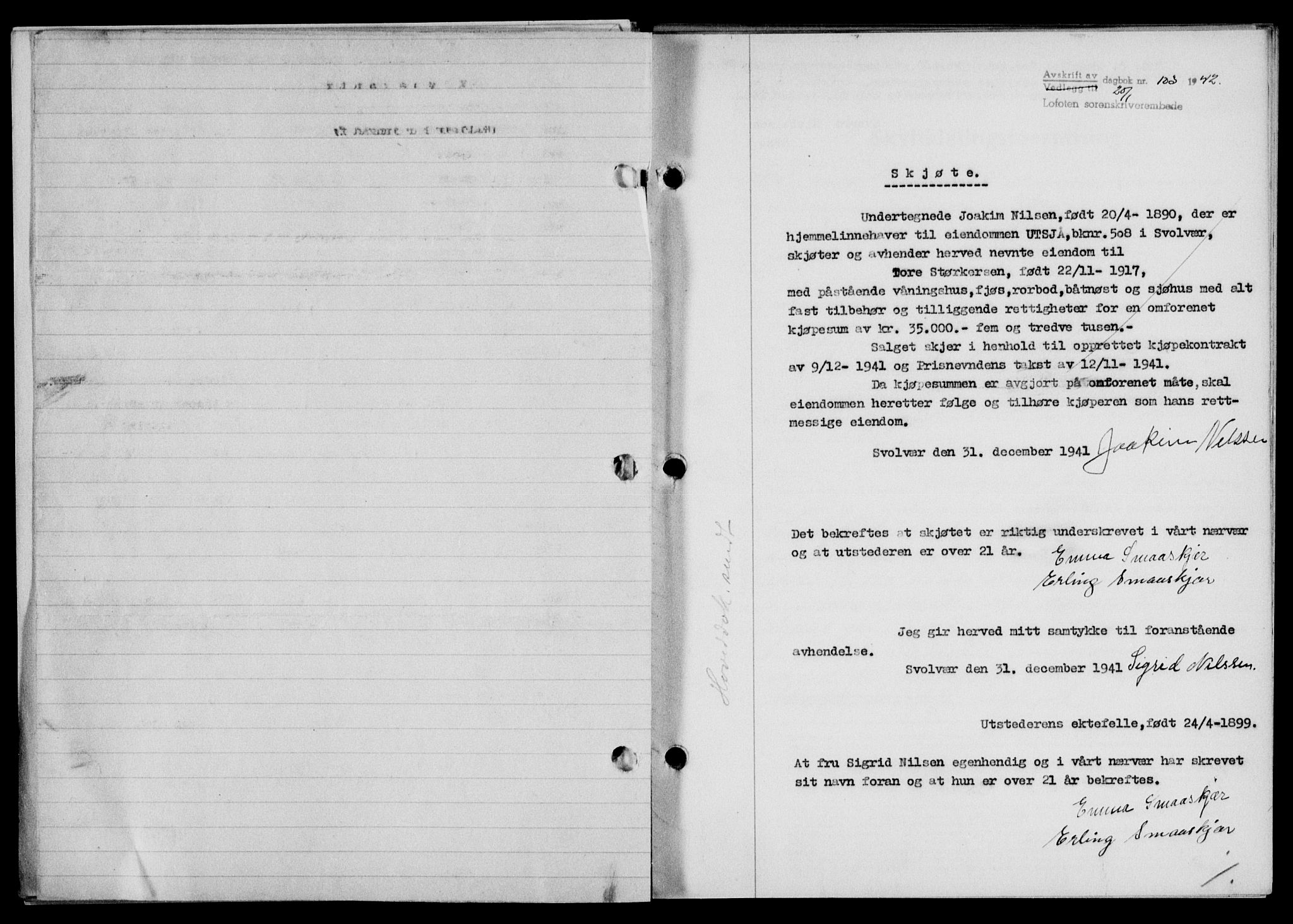 Lofoten sorenskriveri, SAT/A-0017/1/2/2C/L0009a: Mortgage book no. 9a, 1941-1942, Diary no: : 103/1942
