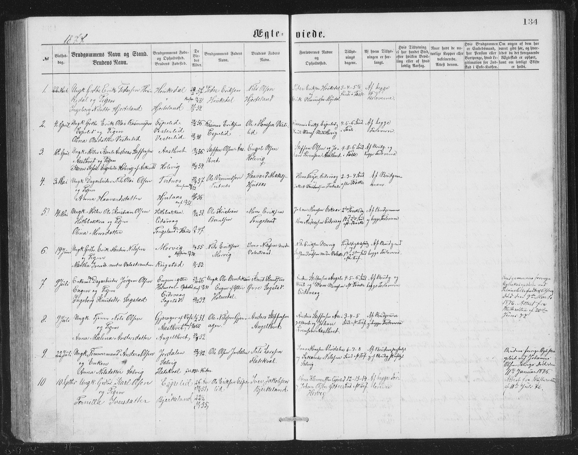 Åsane sokneprestembete, SAB/A-79401/H/Hab: Parish register (copy) no. A 1, 1870-1884, p. 134