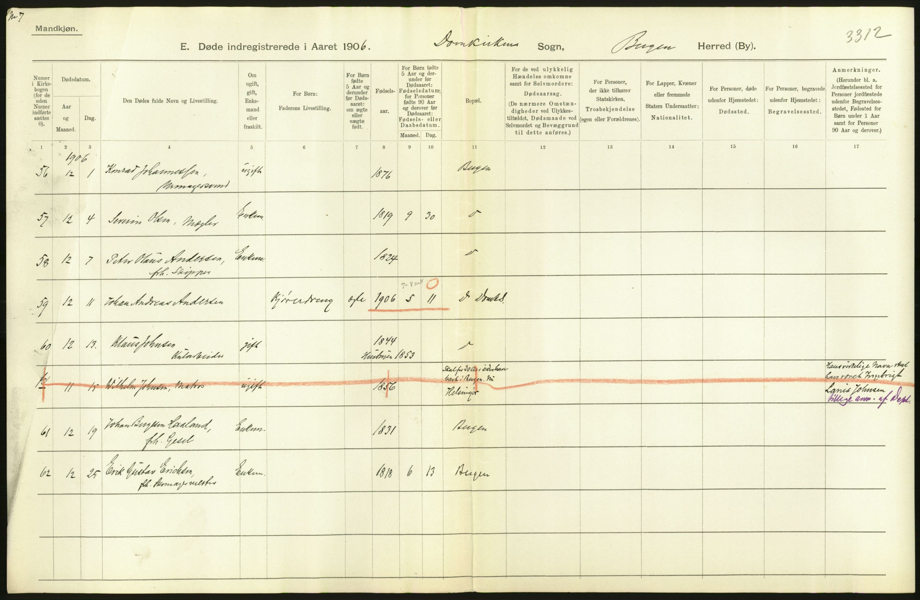 Statistisk sentralbyrå, Sosiodemografiske emner, Befolkning, AV/RA-S-2228/D/Df/Dfa/Dfad/L0032: Bergen: Gifte, døde, dødfødte., 1906, p. 2