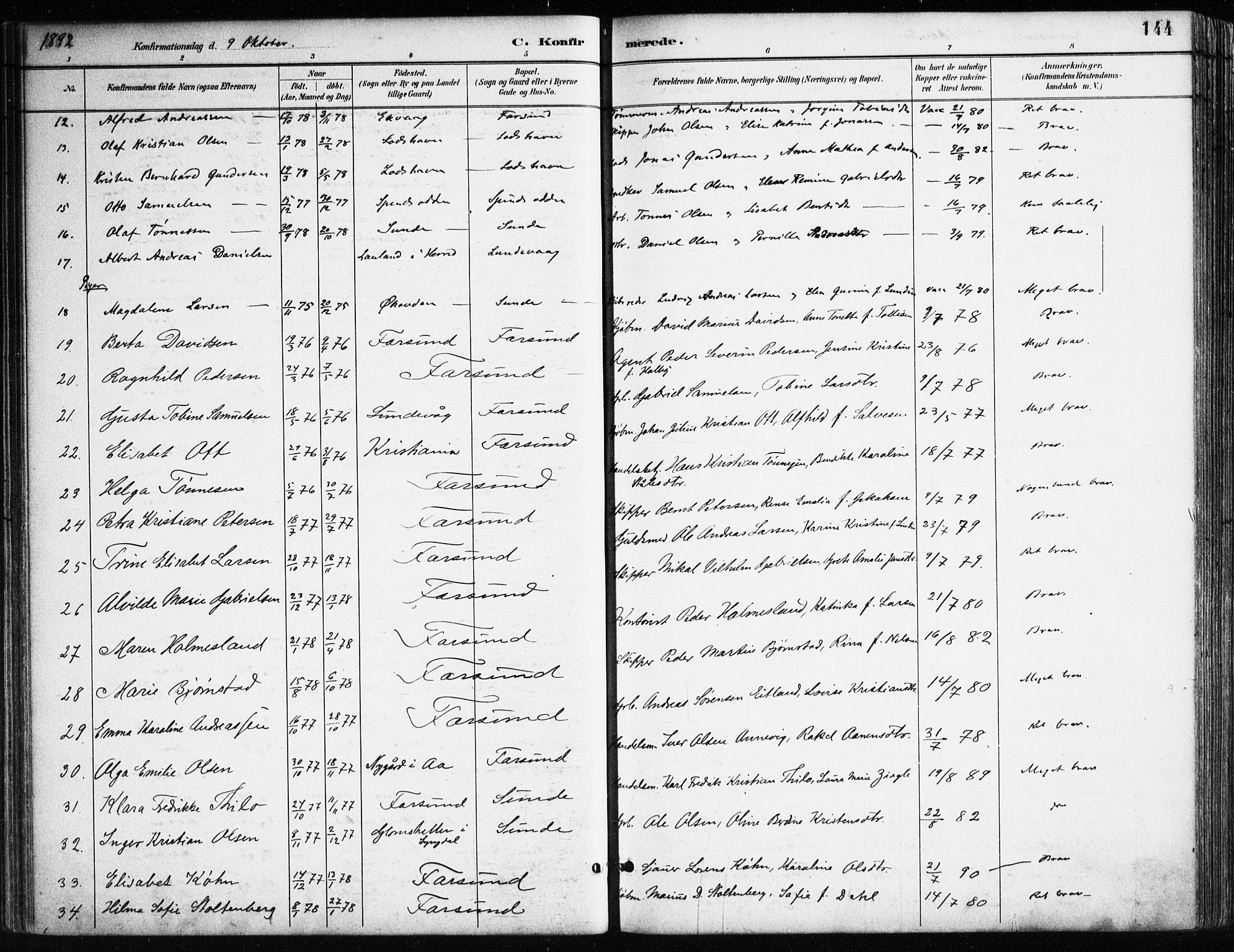 Farsund sokneprestkontor, AV/SAK-1111-0009/F/Fa/L0006: Parish register (official) no. A 6, 1887-1920, p. 144