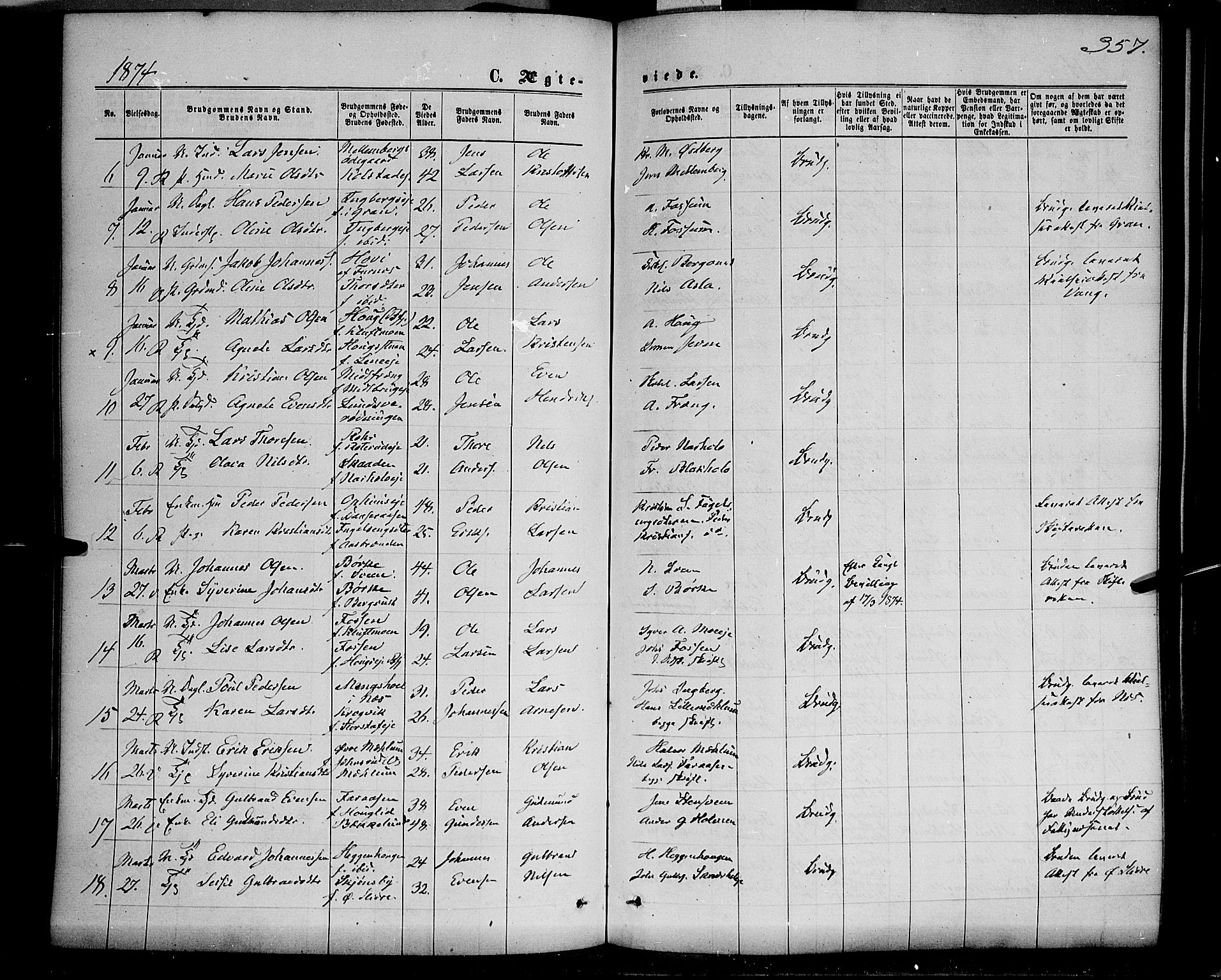 Ringsaker prestekontor, AV/SAH-PREST-014/K/Ka/L0011: Parish register (official) no. 11, 1870-1878, p. 357