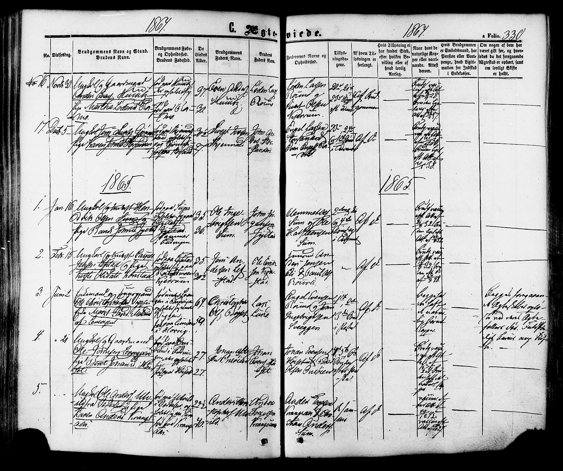 Ministerialprotokoller, klokkerbøker og fødselsregistre - Sør-Trøndelag, AV/SAT-A-1456/665/L0772: Parish register (official) no. 665A07, 1856-1878, p. 330