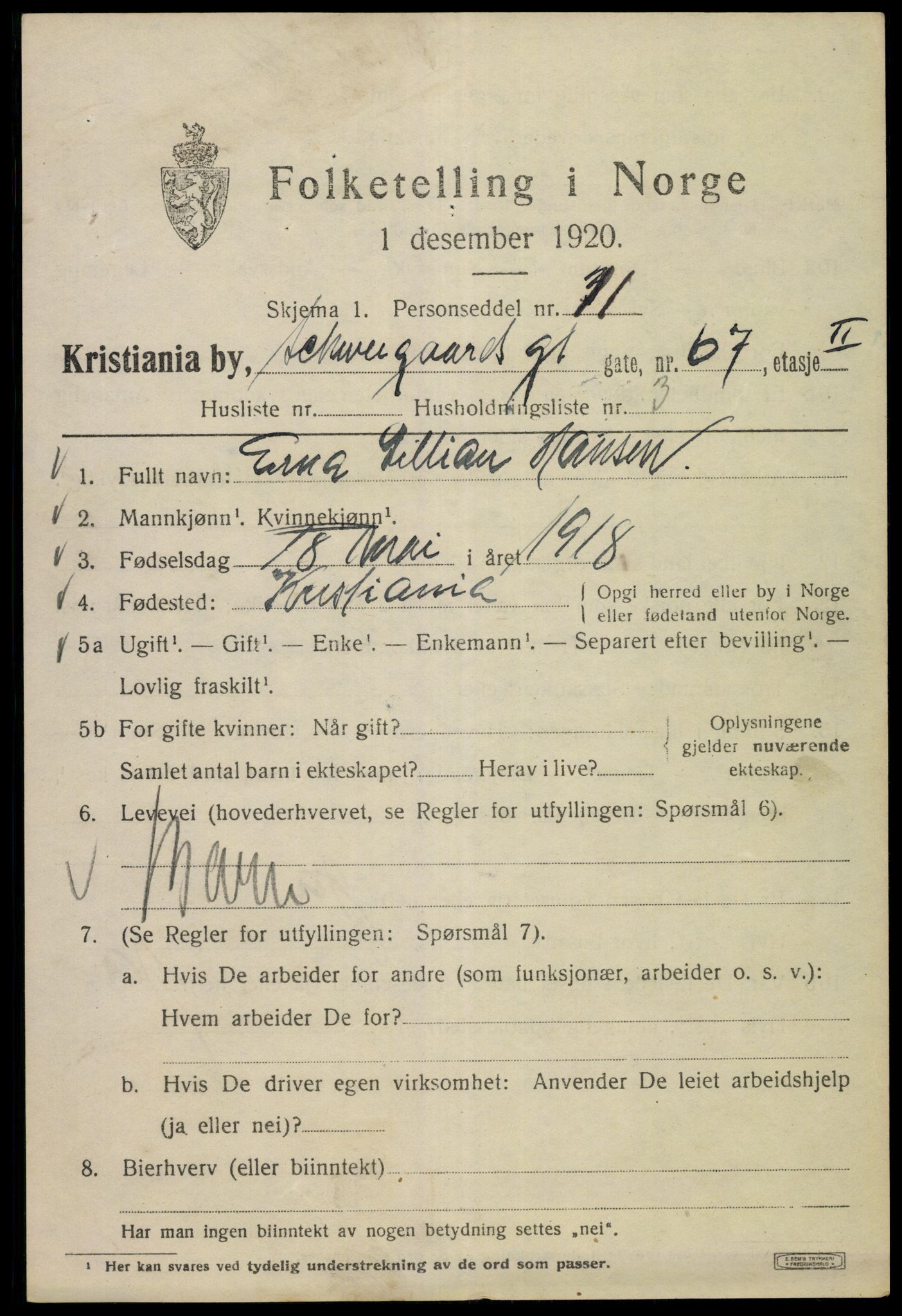 SAO, 1920 census for Kristiania, 1920, p. 495749