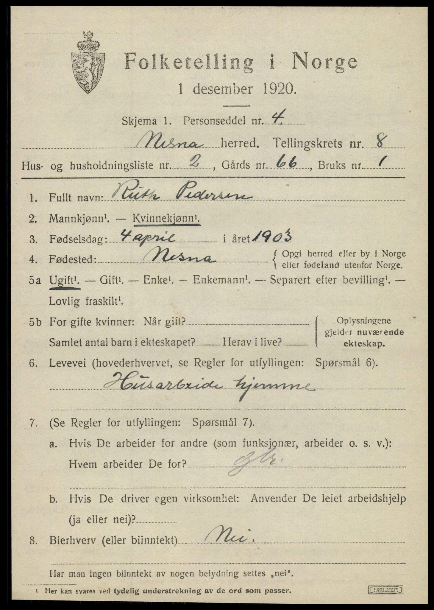 SAT, 1920 census for Nesna, 1920, p. 6571