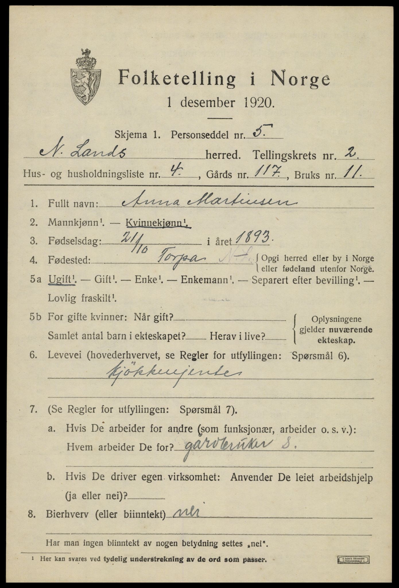 SAH, 1920 census for Nordre Land, 1920, p. 1686