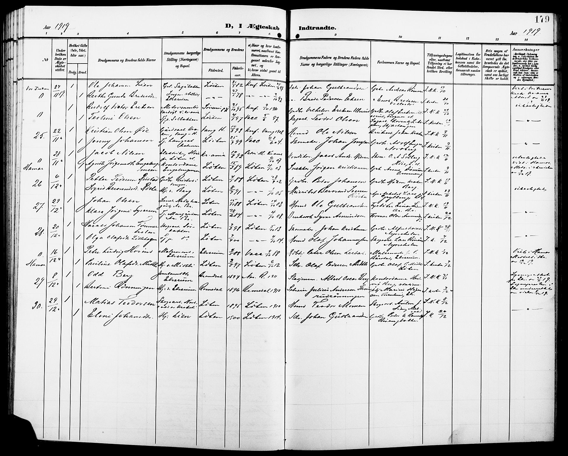 Løten prestekontor, SAH/PREST-022/L/La/L0007: Parish register (copy) no. 7, 1910-1919, p. 179