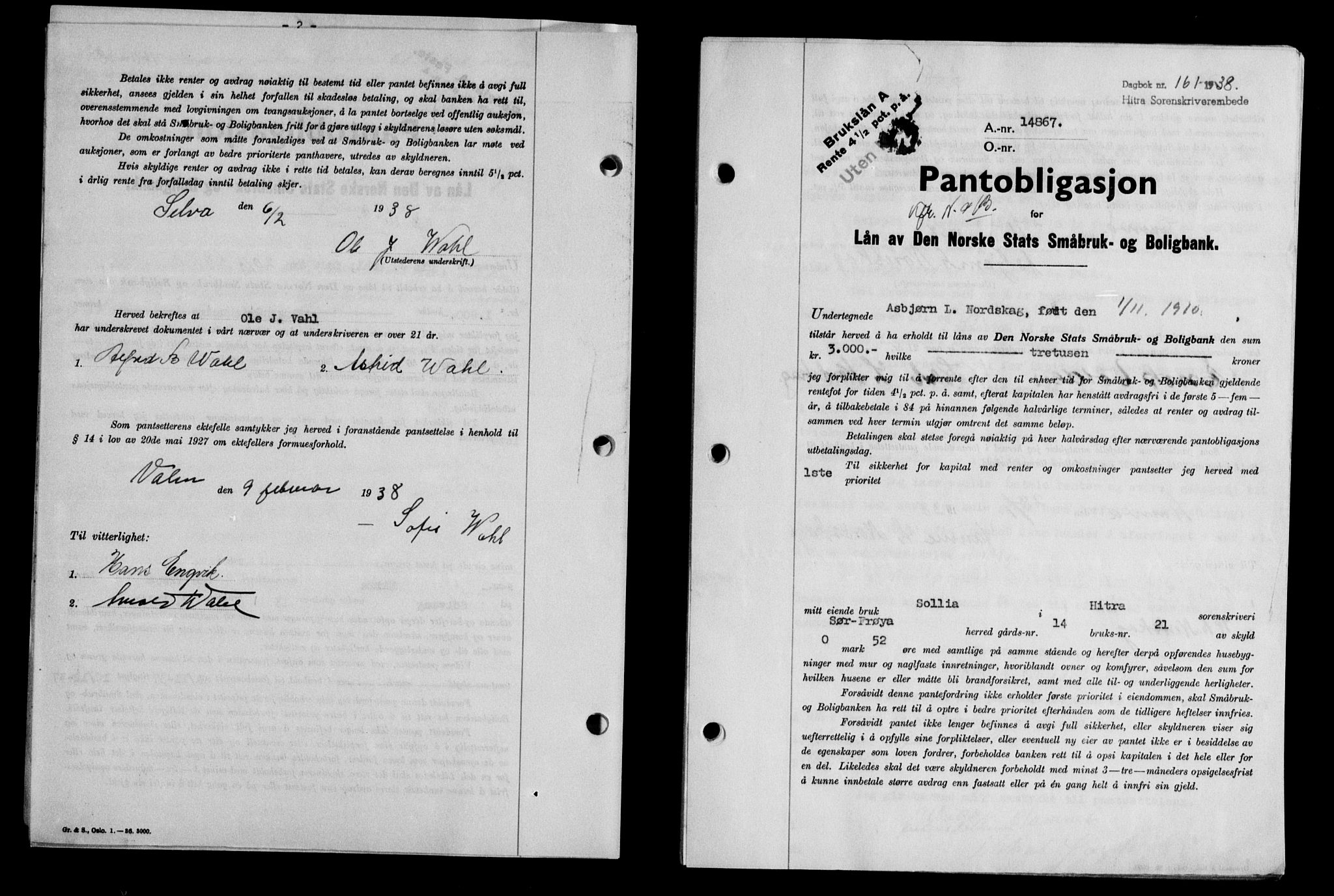 Hitra sorenskriveri, AV/SAT-A-0018/2/2C/2Ca/L0028: Mortgage book no. B-1, 1936-1939, Diary no: : 161/1938