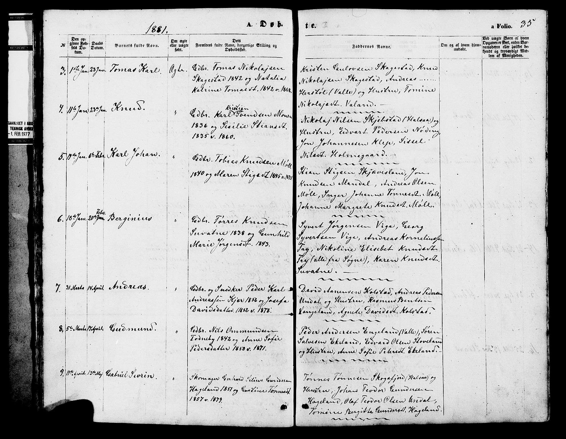 Holum sokneprestkontor, SAK/1111-0022/F/Fb/Fba/L0004: Parish register (copy) no. B 4, 1867-1890, p. 35