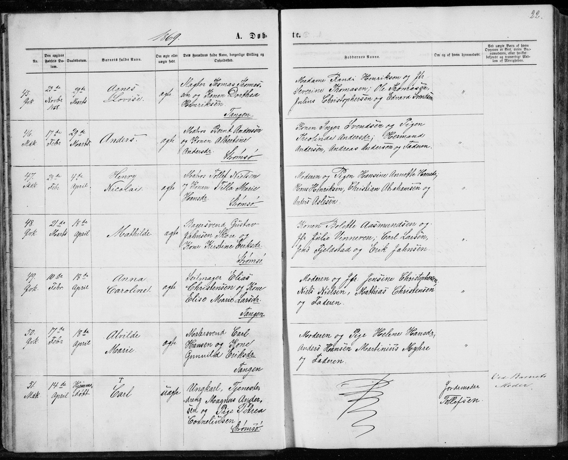 Strømsø kirkebøker, AV/SAKO-A-246/F/Fa/L0016: Parish register (official) no. I 16, 1868-1873, p. 22