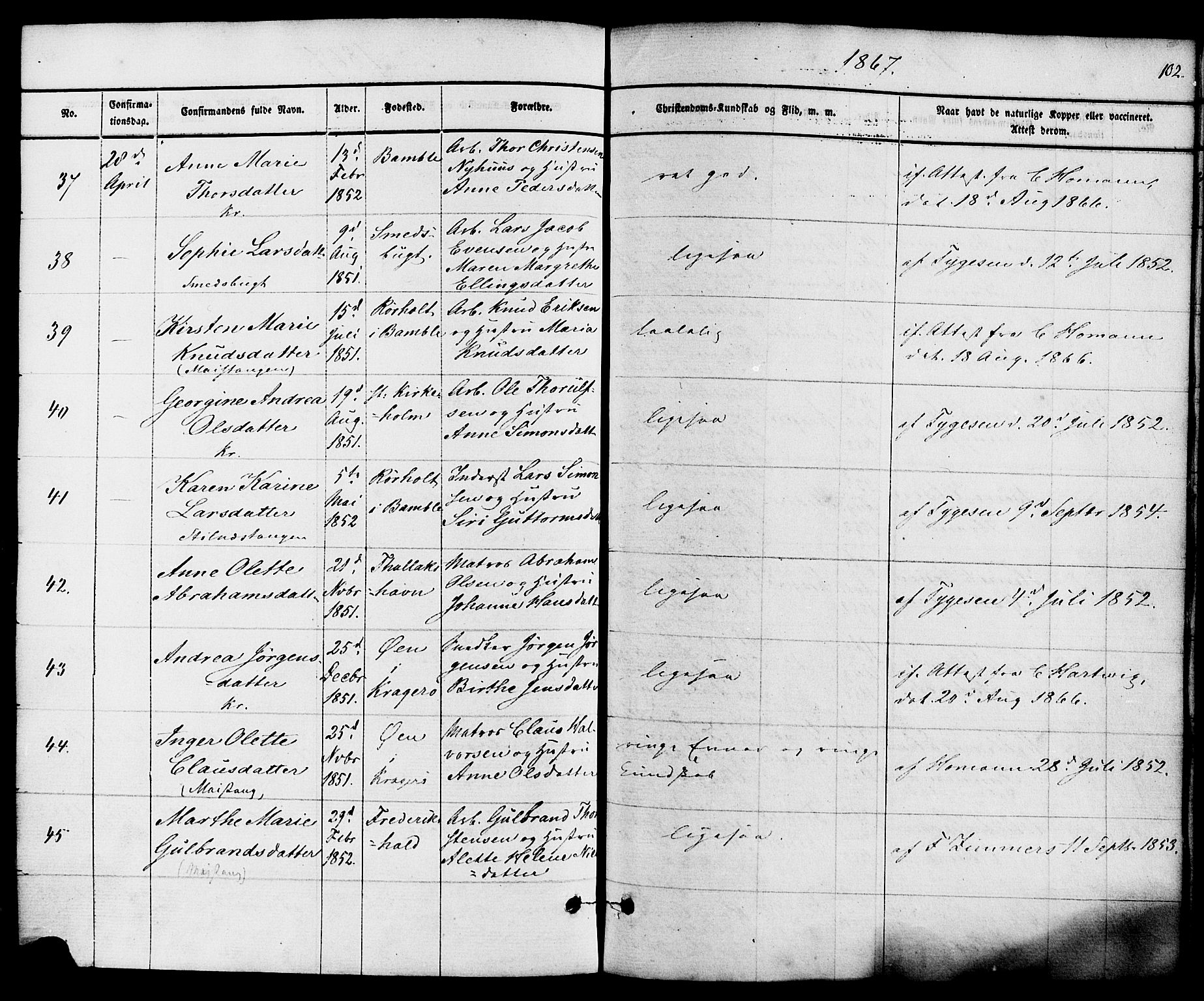 Kragerø kirkebøker, SAKO/A-278/F/Fa/L0008: Parish register (official) no. 8, 1856-1880, p. 102