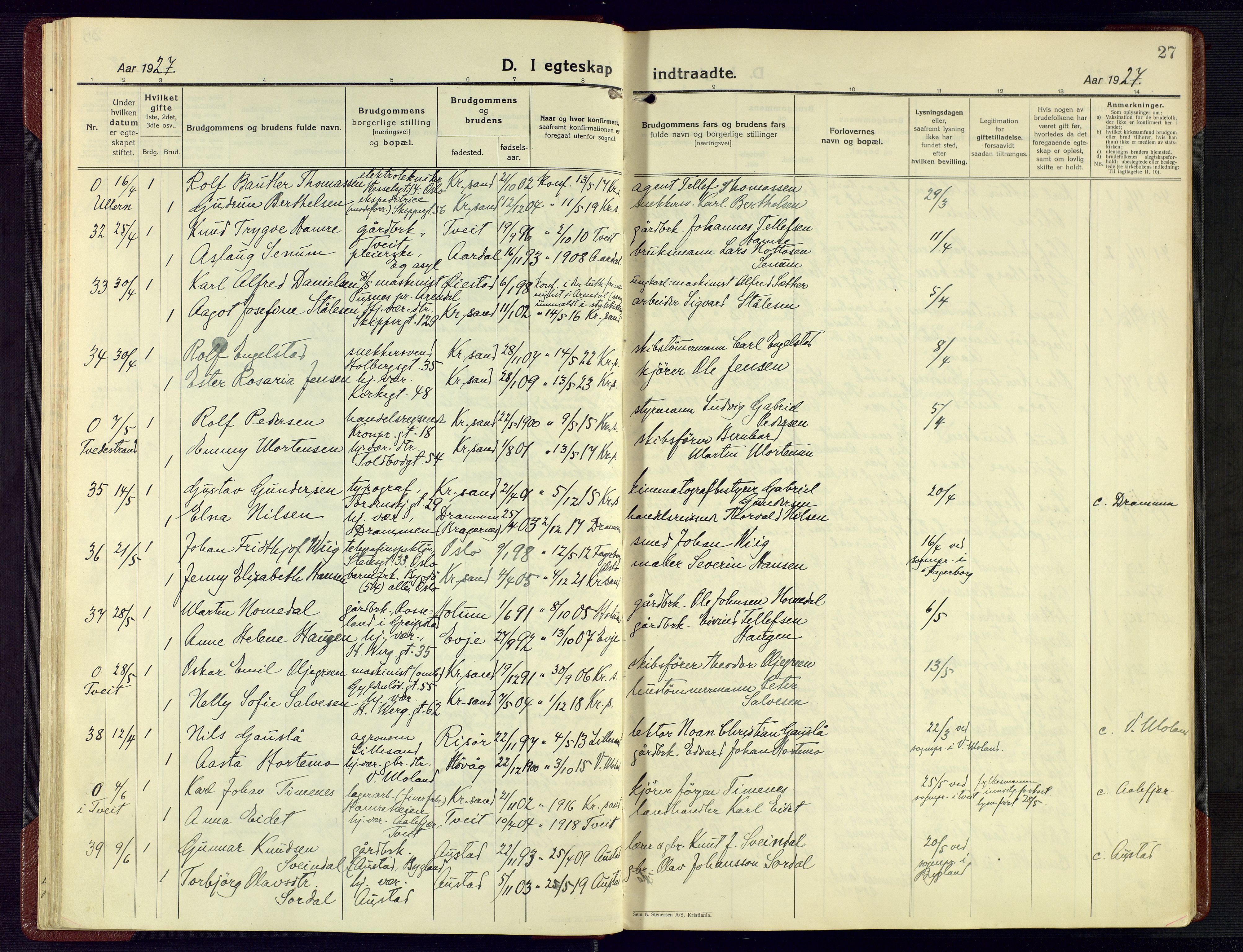 Kristiansand domprosti, AV/SAK-1112-0006/F/Fa/L0029: Parish register (official) no. A 28, 1925-1936, p. 27