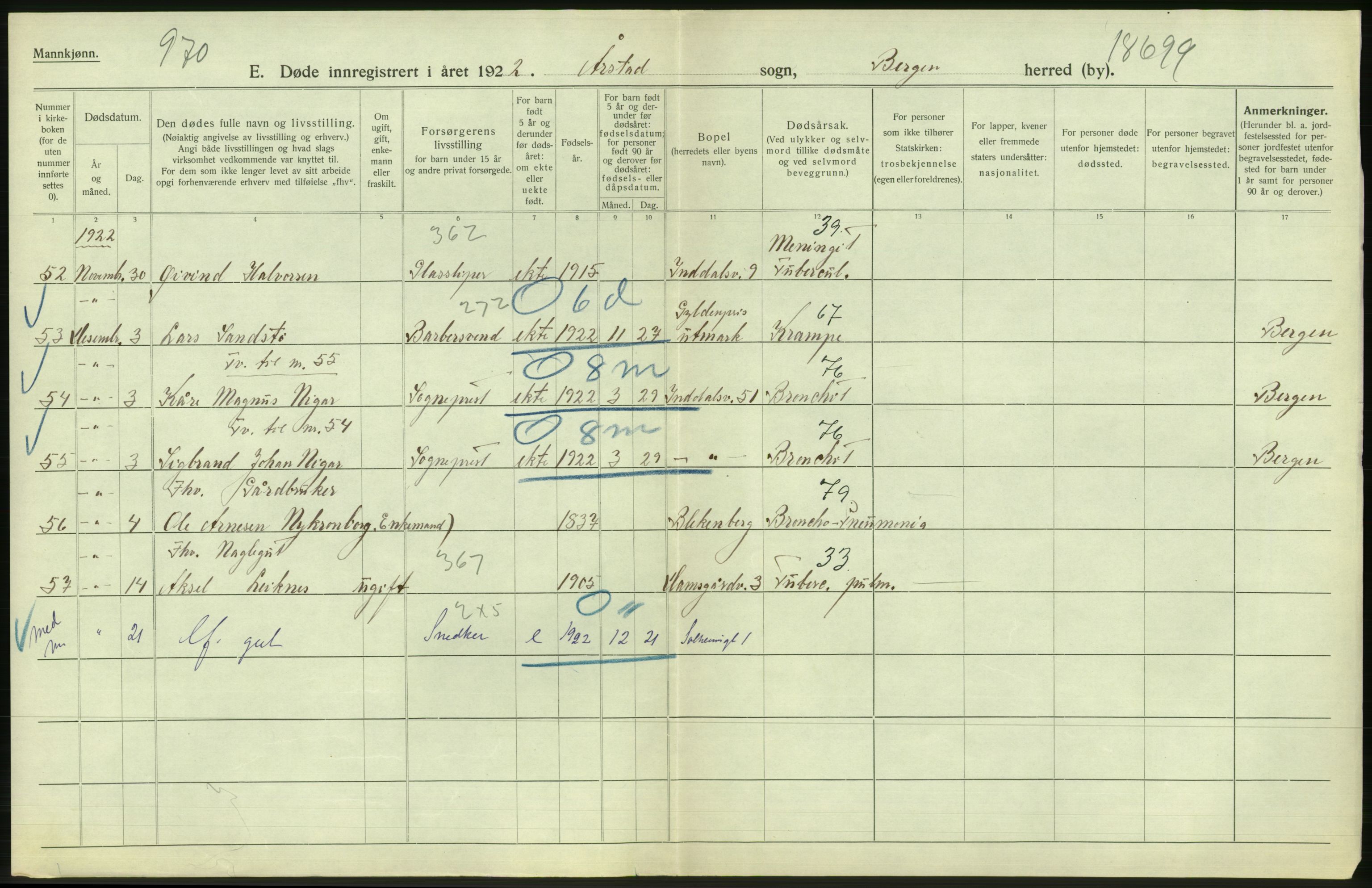 Statistisk sentralbyrå, Sosiodemografiske emner, Befolkning, AV/RA-S-2228/D/Df/Dfc/Dfcb/L0030: Bergen: Gifte, døde, dødfødte., 1922, p. 488