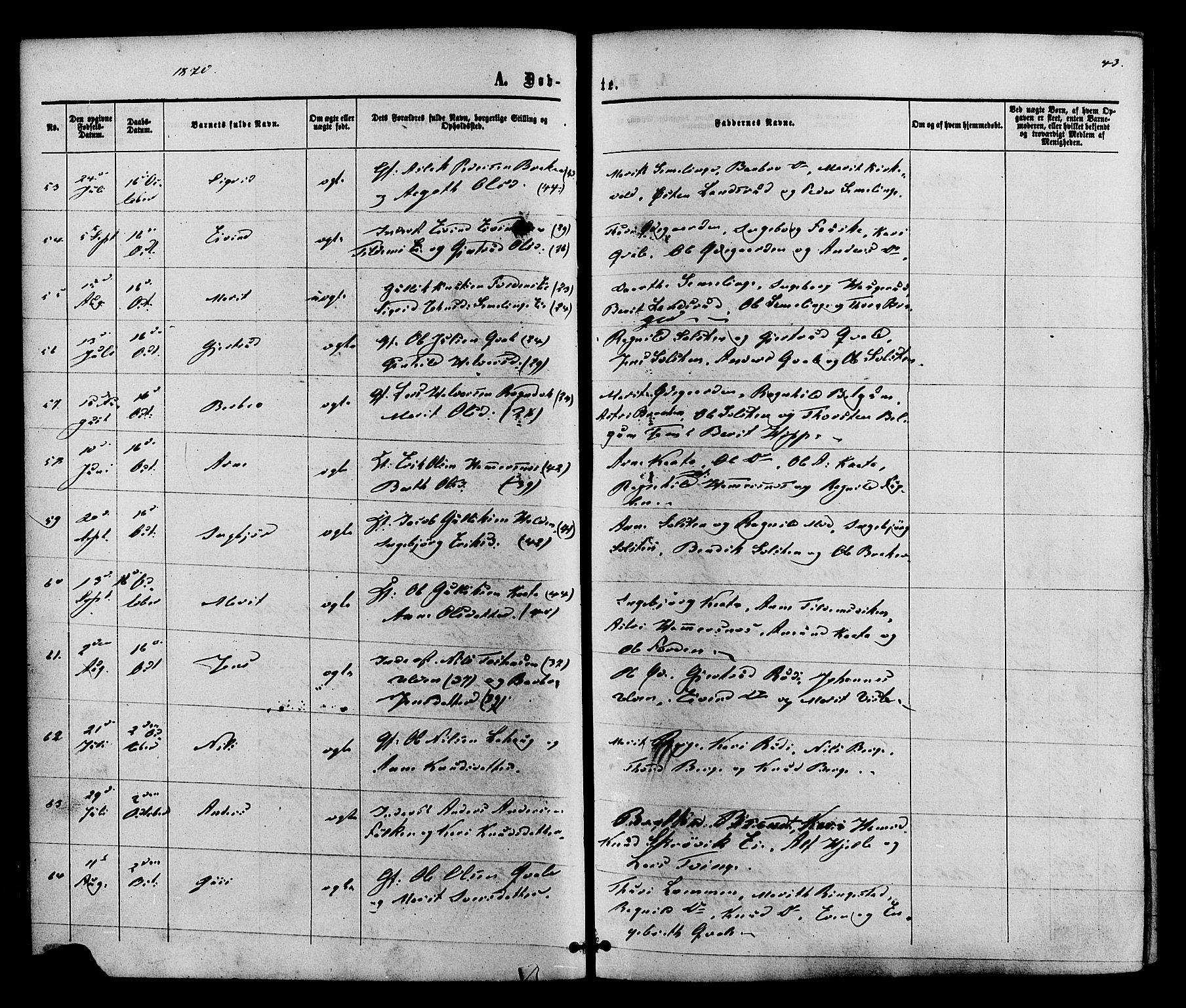 Vestre Slidre prestekontor, SAH/PREST-136/H/Ha/Haa/L0003: Parish register (official) no. 3, 1865-1880, p. 43
