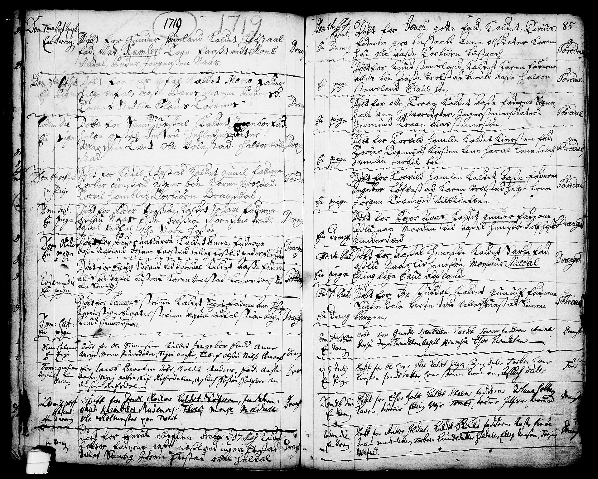 Drangedal kirkebøker, SAKO/A-258/F/Fa/L0001: Parish register (official) no. 1, 1697-1767, p. 85