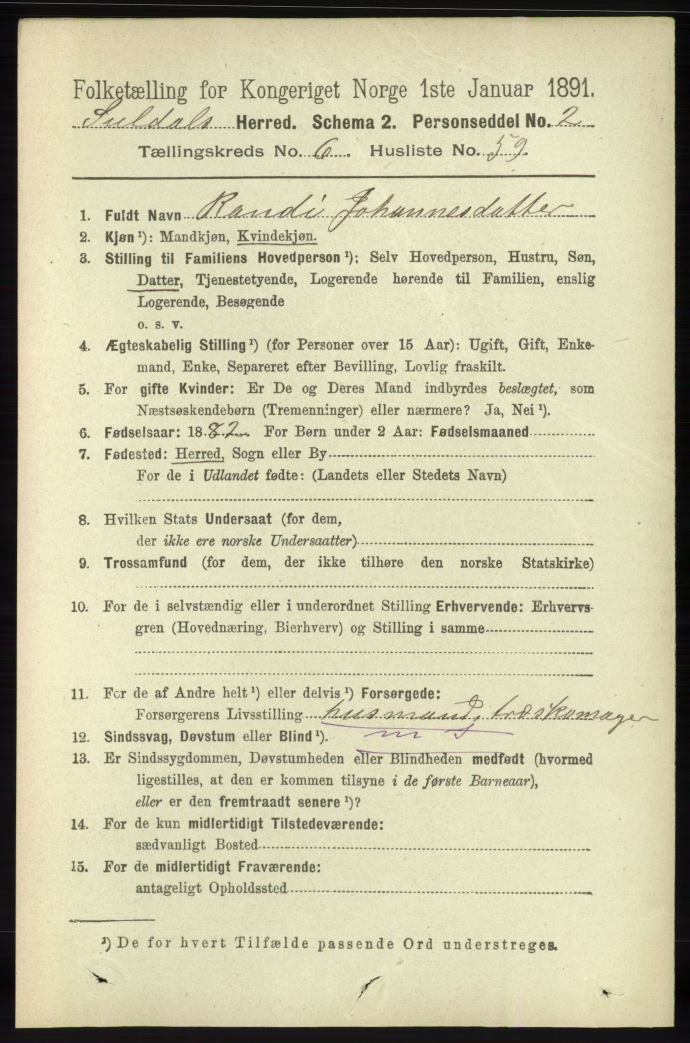 RA, 1891 census for 1134 Suldal, 1891, p. 1935