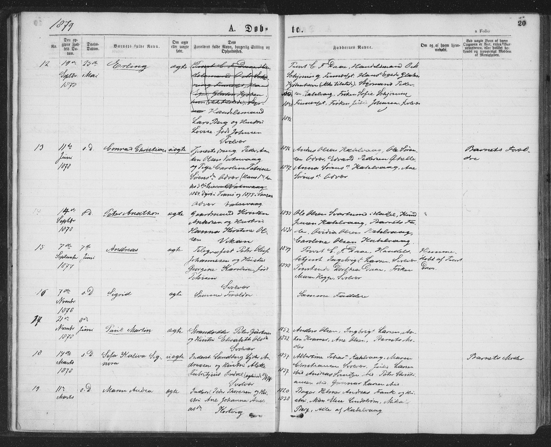 Ministerialprotokoller, klokkerbøker og fødselsregistre - Nordland, SAT/A-1459/874/L1058: Parish register (official) no. 874A02, 1878-1883, p. 20