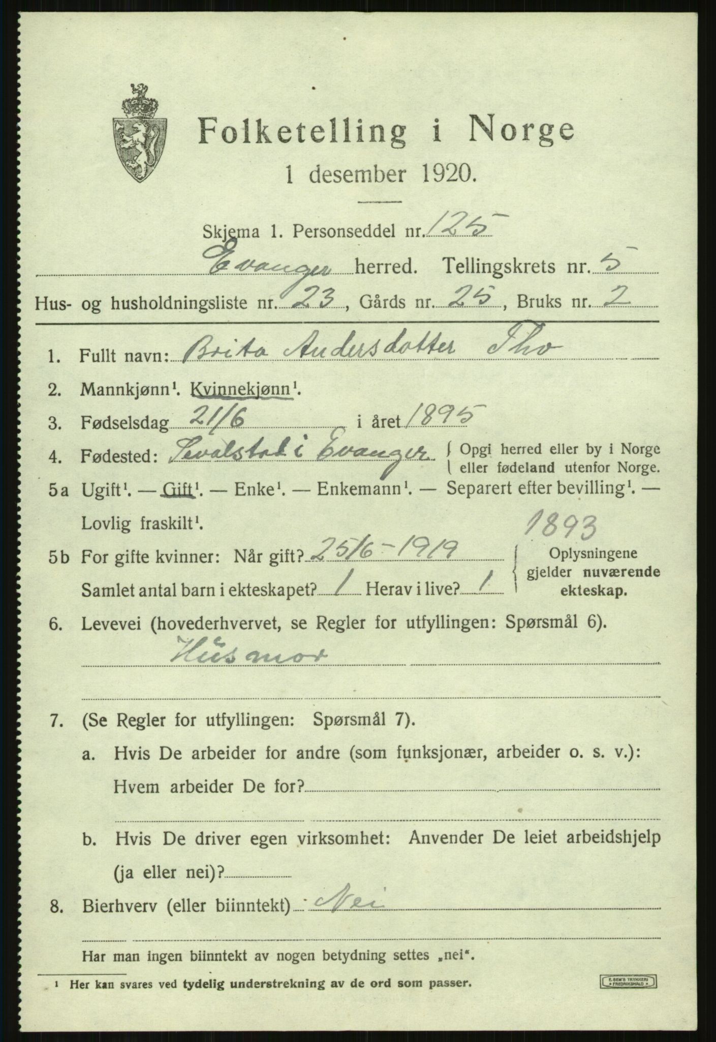 SAB, 1920 census for Evanger, 1920, p. 1905